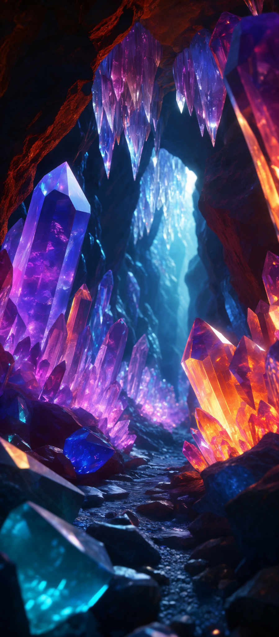 The image showcases a mesmerizing landscape of crystals. The crystalline structures are predominantly in hues of purple, blue, and orange. They are sharp, jagged, and appear to be hanging from the cave's ceiling and walls. The ground is strewn with smaller crystal formations, reflecting the colors of the larger ones. The cave'a walls and ceiling are rugged, with a deep blue hue, suggesting the depth and vastness of the cave.