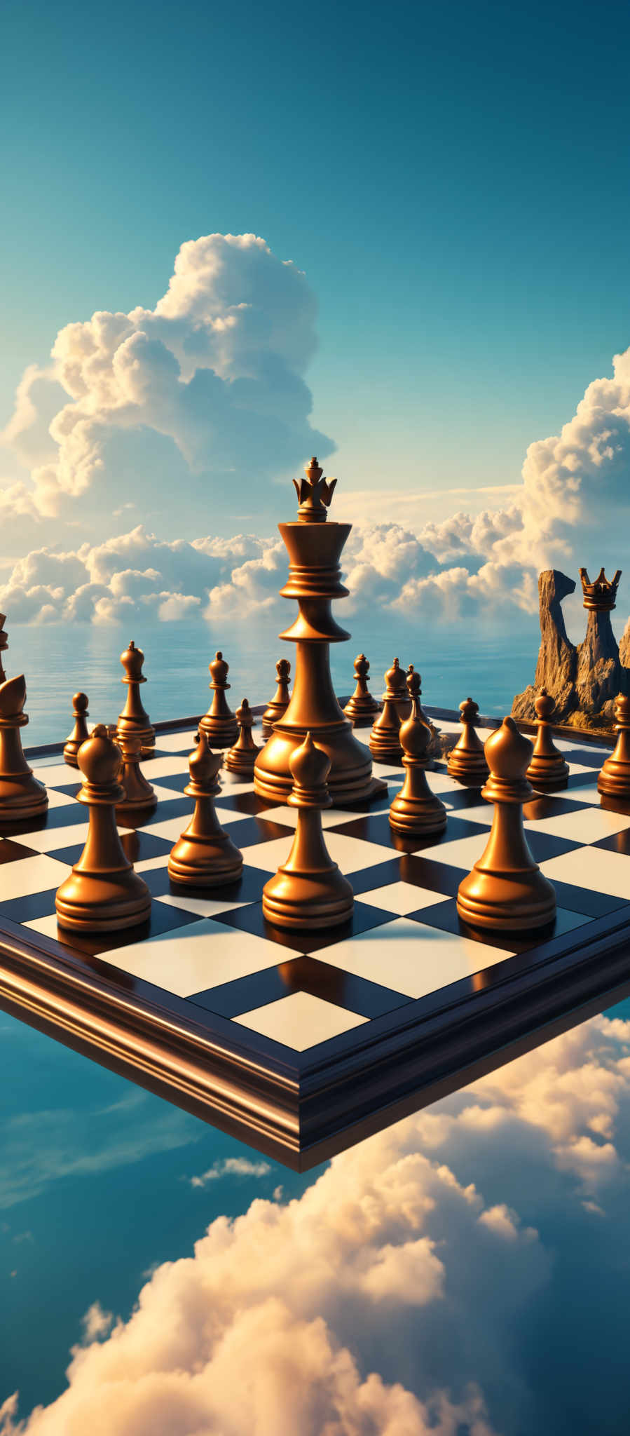 The image showcases a surreal scene where a chessboard is floating in the sky, surrounded by fluffy white clouds. The chess pieces are in their usual positions, with the king at the center, surrounded and flanked by other pieces. The board is set against a backdrop of a clear blue sky with a few scattered clouds. On the right side of the image, there's a rocky outcrop with a crown atop it, suggesting a possible kingdom or a symbolic representation of a challenger.