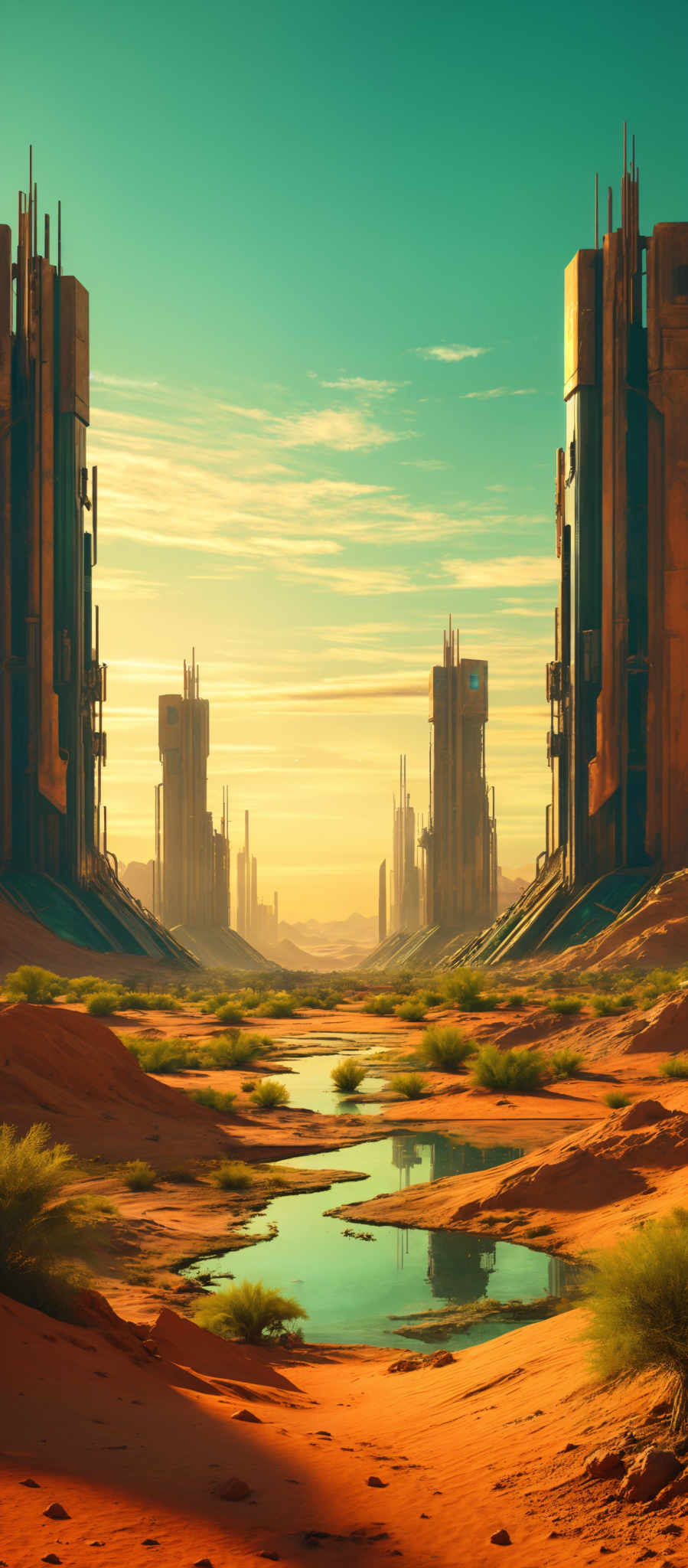 The image showcases a vast desert landscape with towering skyscrapers in the distance. The skyscraper structures are tall and have a futuristic design, with multiple windows and antennas. The color palette is dominated by warm tones, with the sandy desert being a prominent feature. There are small water bodies reflecting the skyscrrapers, and patches of green vegetation can be seen scattered throughout the desert. The sky is clear with a gradient of colors, transitioning from a deep blue at the top to a golden hue near the horizon.