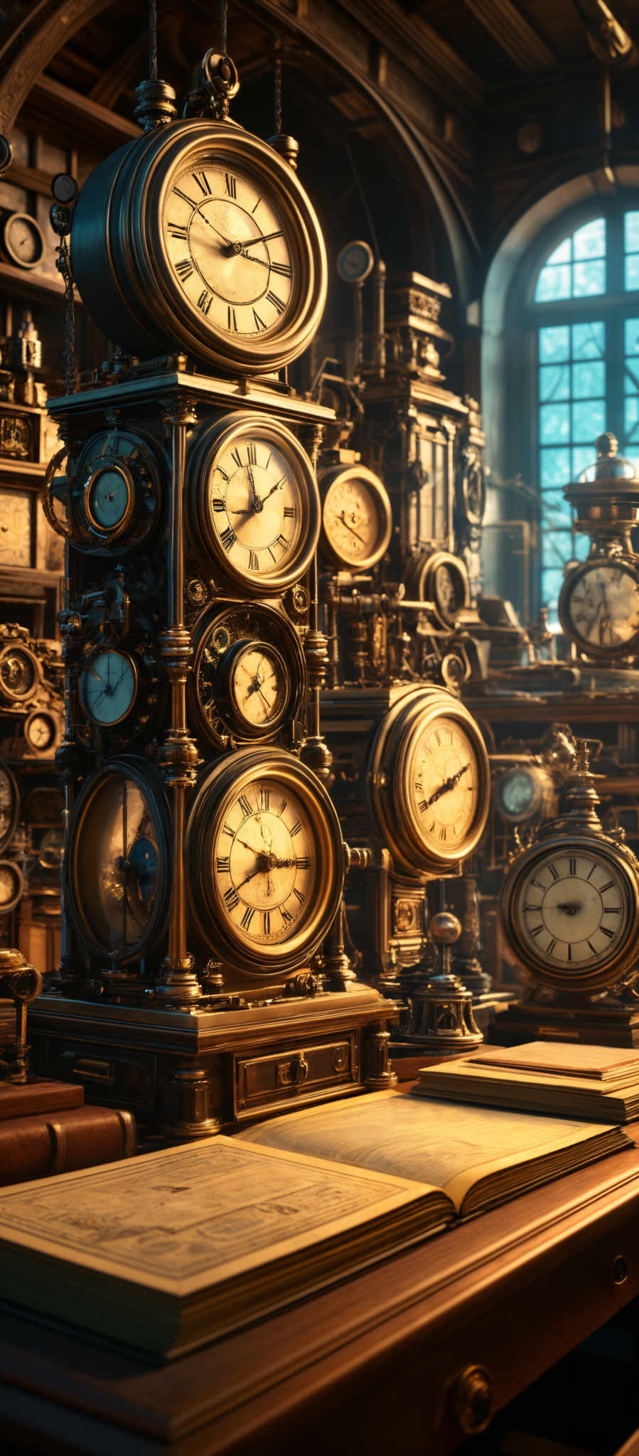 The image showcases a room filled with intricately designed clocks and timepieces. The dominant colors are gold, brown, and black, giving the room a vintage and antique feel. The clocks have various shapes, including circular, rectangular, and dome-like designs. The faces of the clocks display Roman numerals. The room also contains other ornate objects, such as chains, gears, and brass fixtures, which enhance the steampunk aesthetic.