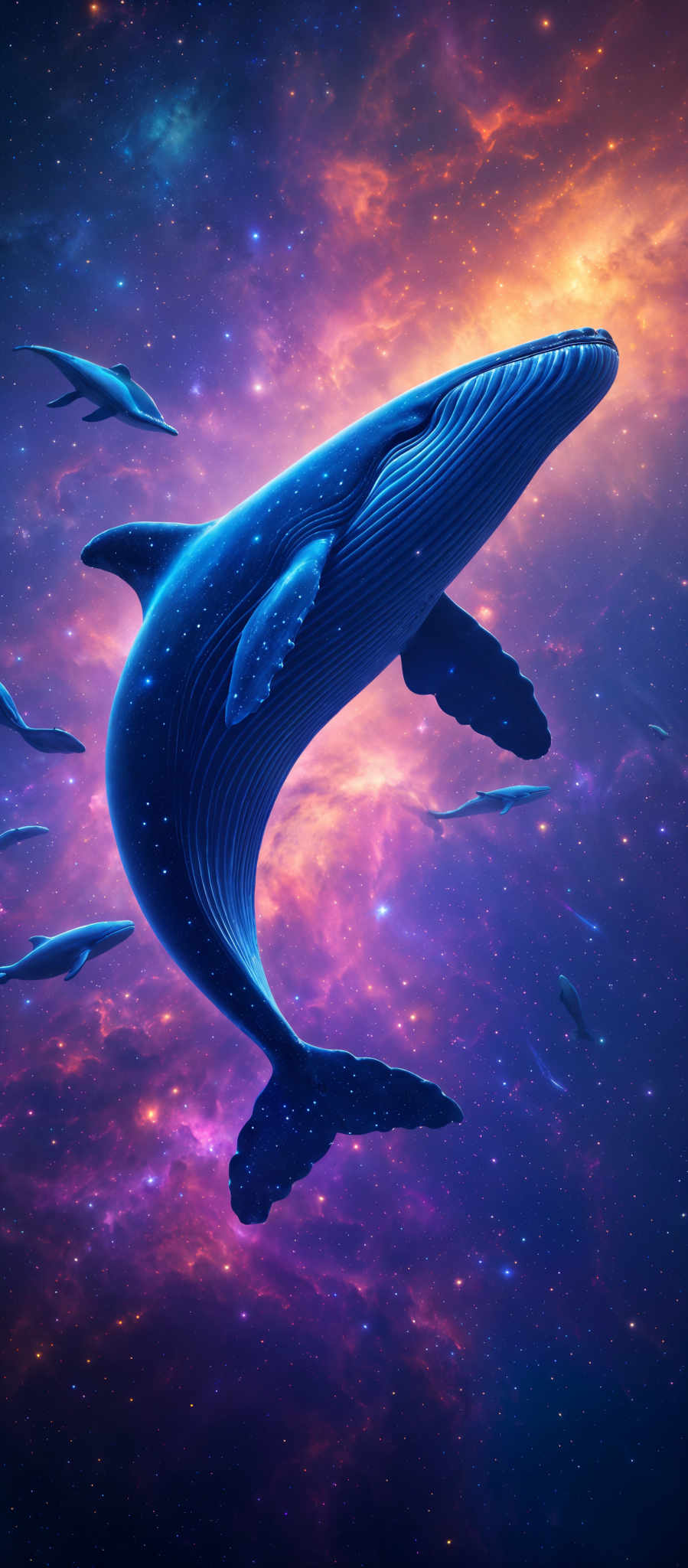 The image showcases a vibrant cosmic background with hues of purple, pink, and orange, interspersed with bright stars. Dominating the scene is a large, majestic blue whale, swimming gracefully. The whale is surrounded by smaller, similar whales, all set against the backdrop of the cosmos. The intricate details on the whale's body, such as the patterns on its skin and the texture of its fins, are beautifully rendered. The entire composition gives a sense of wonder and the vastness of the universe.