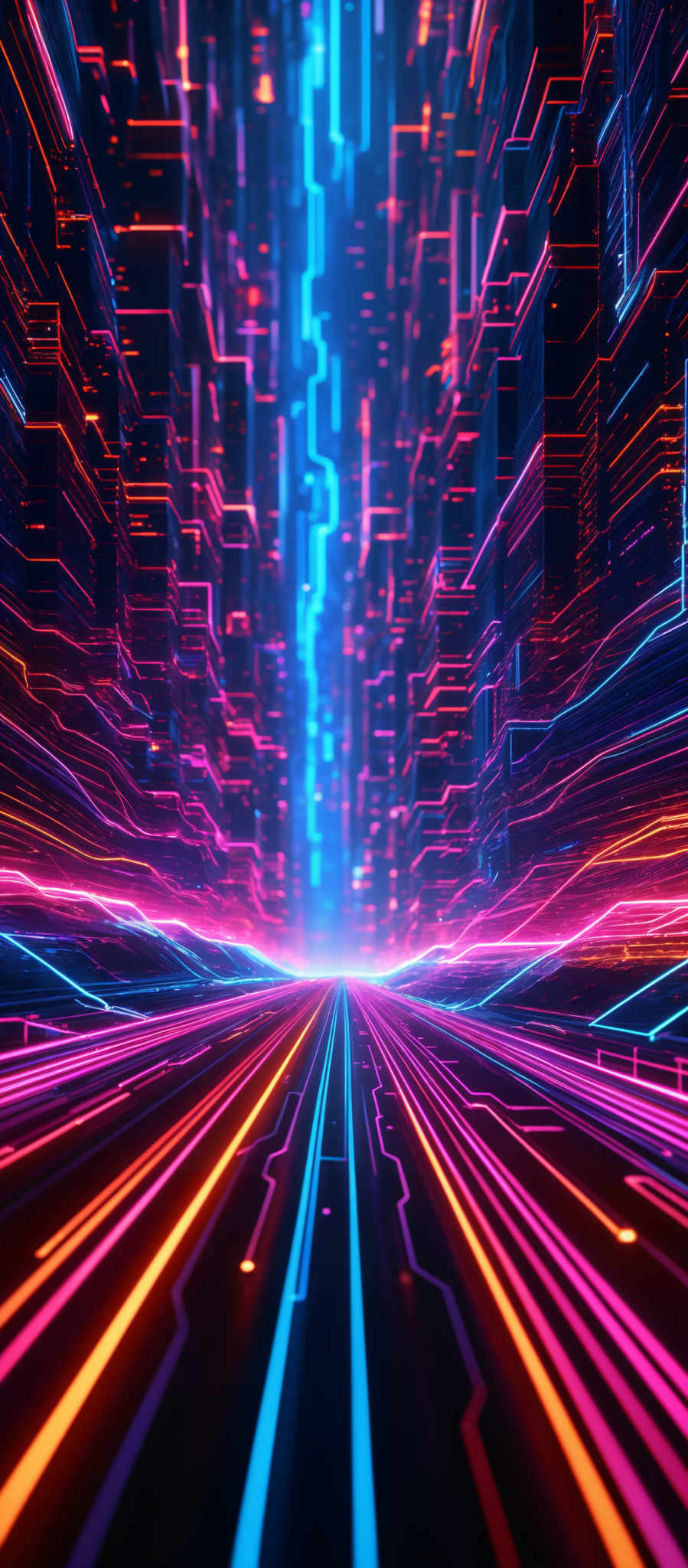 The image showcases a vibrant and dynamic digital landscape. It predominantly features hues of pink, blue, and orange. The shapes are reminiscent of neon-lit streets or pathways, with intricate patterns and designs. The perspective suggests a deep, futuristic tunnel or corridor, with the colors and patterns converging towards a central light source, creating an illusion of depth and dimension.