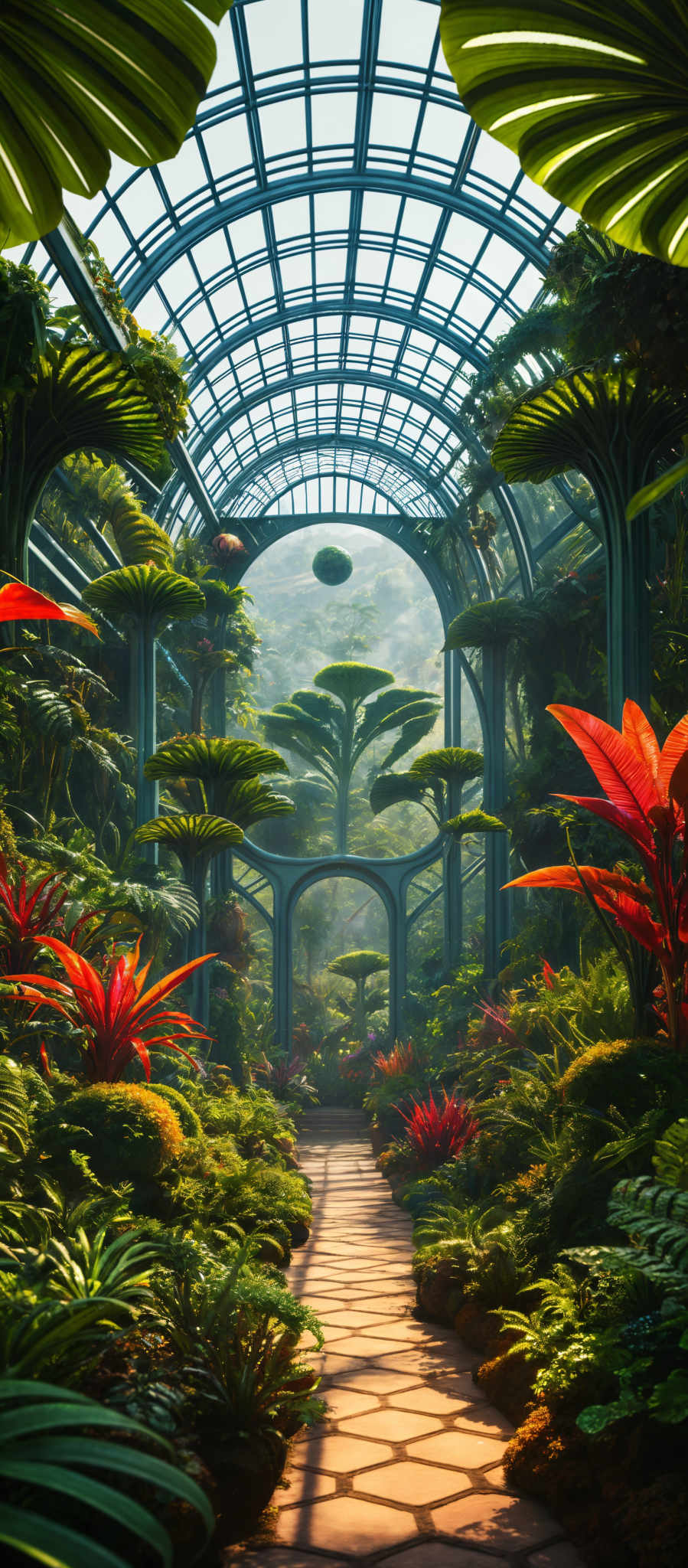 The image showcases a lush greenhouse with a large, arched ceiling made of transparent glass panels. The ceiling is supported by multiple pillars with a unique, organic design. The floor is paved with hexagonal tiles, leading the viewer's eye through the center of the greenhouse. The plants inside are diverse, with large fan-shaped leaves, vibrant red flowers, and various other green foliage. The overall ambiance is serene and tropical, with a sense of nature's bounty and beauty.