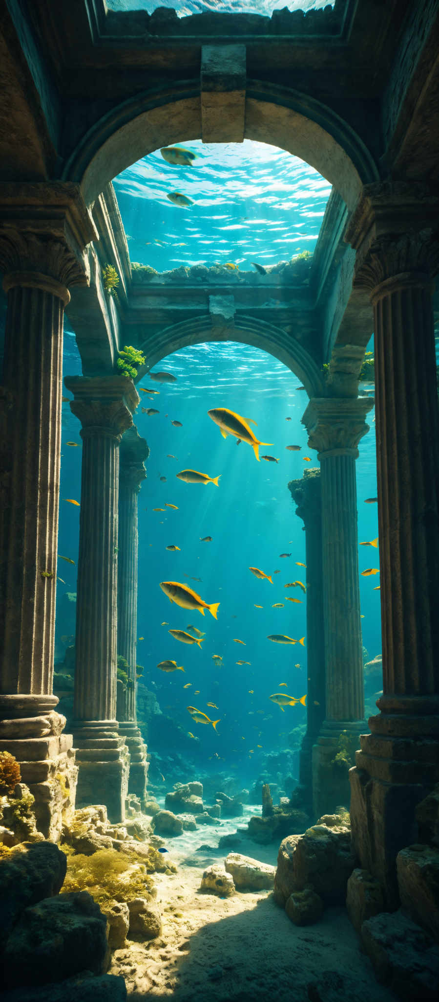 The image showcases an underwater scene with ancient ruins. The ruins are characterized by tall, ornate columns and archways made of stone. The columns have intricate carvings and are weathered, indicating age and exposure to the elements. The archways are adorned with decorative motifs. The water is clear, allowing us to see the sandy bottom beneath. Schools of yellow fish swim around the ruins, adding life and movement to the serene environment. Sunlight filters through the water from above, casting a dappled light on the columns and creating shimmering reflections on the sand.