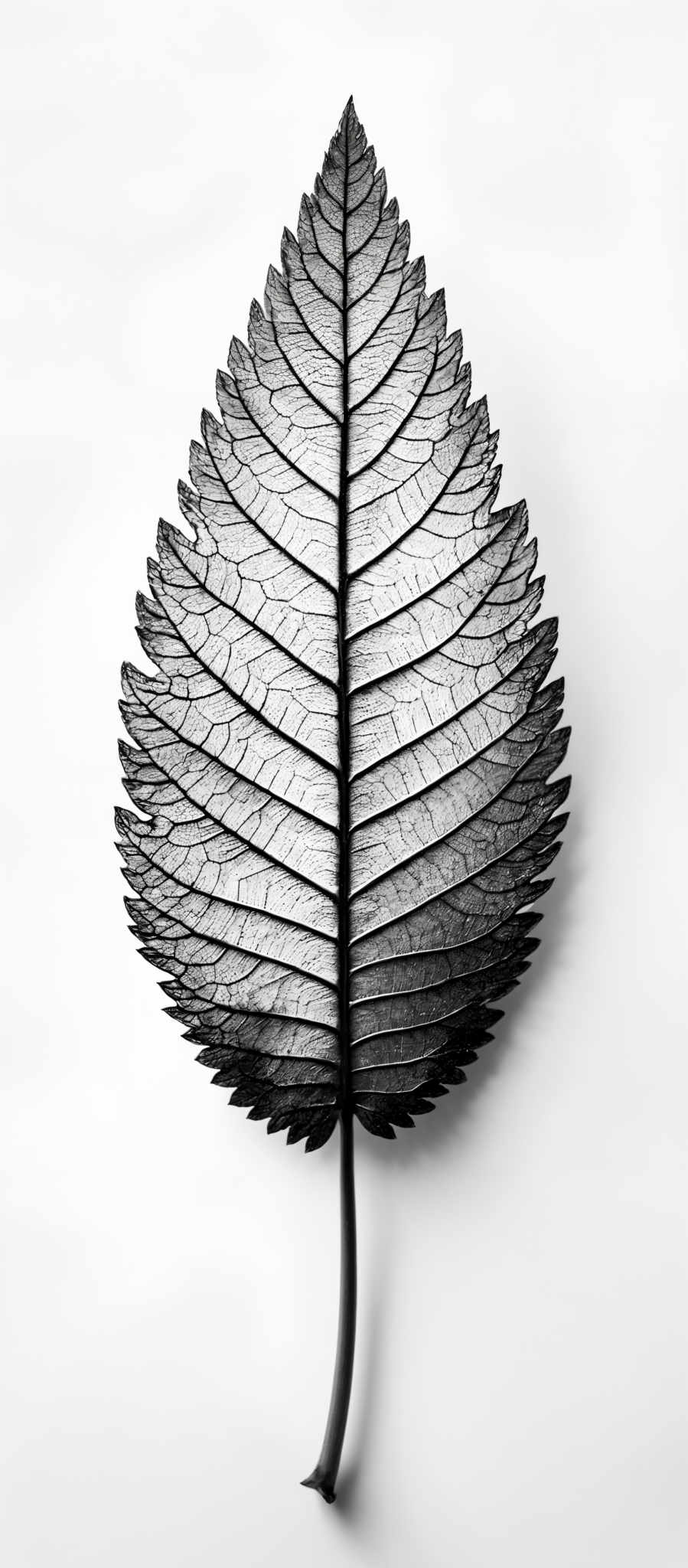 The image showcases a leaf with a unique and intricate pattern. The leaf is shaped like a teardrop or a pointed oval. The main color of the leaf is a deep black, which contrasts sharply with the white background. The veins of the leaves are prominently visible, creating a network of lines that run throughout the leaf. The texture of the veins appears to be slightly cracked or aged, adding to the overall aesthetic of the image, which gives it a vintage or timeless feel.