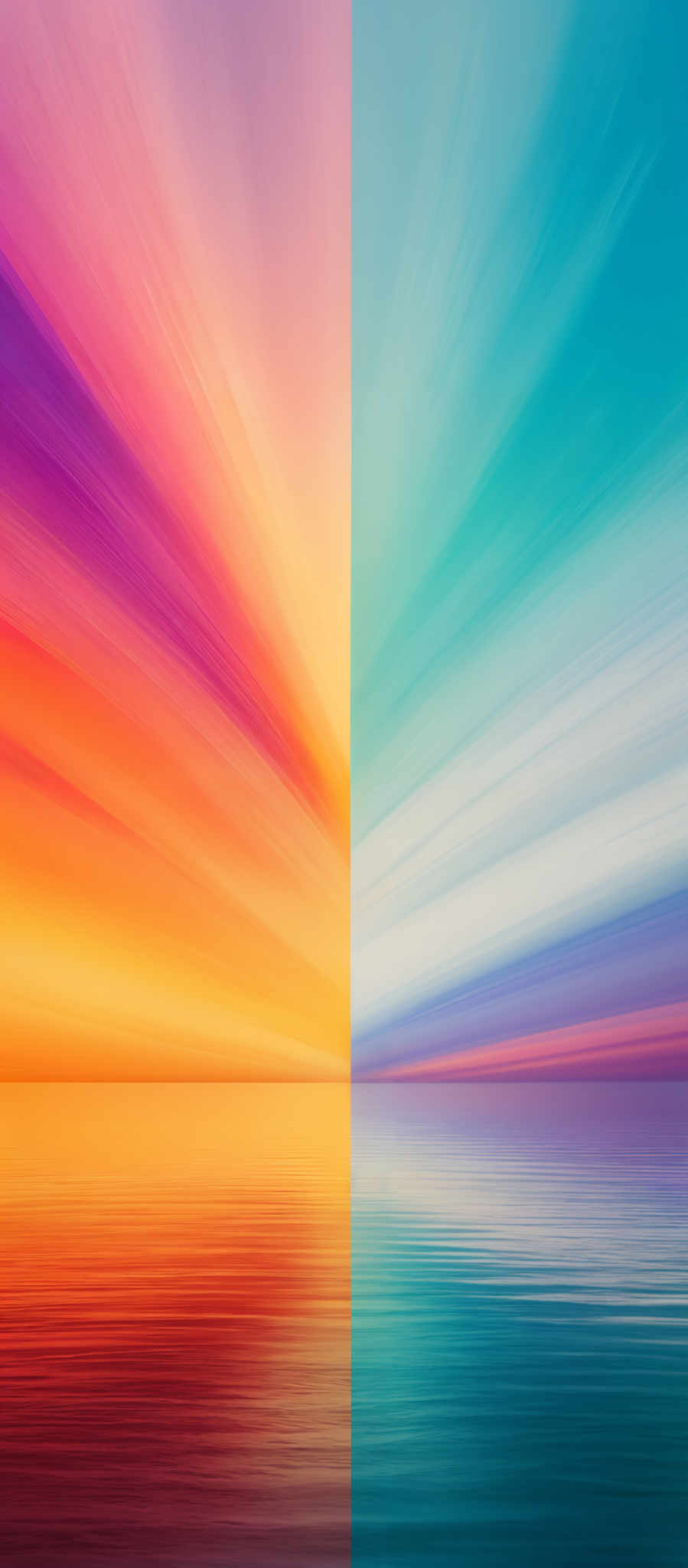 The image showcases a vibrant and colorful abstract representation. On the left side, there's a gradient of colors transitioning from a deep red at the top to a bright orange in the middle, and then to a soft pink at the bottom. This side is mirrored on the right side, which also displays a similar gradient but in the opposite order. The colors seamlessly blend into one another, creating a smooth transition. The two halves of the image are divided by a horizontal line, and below each half is a reflection in what appears to be calm water. The water reflects the colors of the sky, creating an almost symmetrical visual effect.