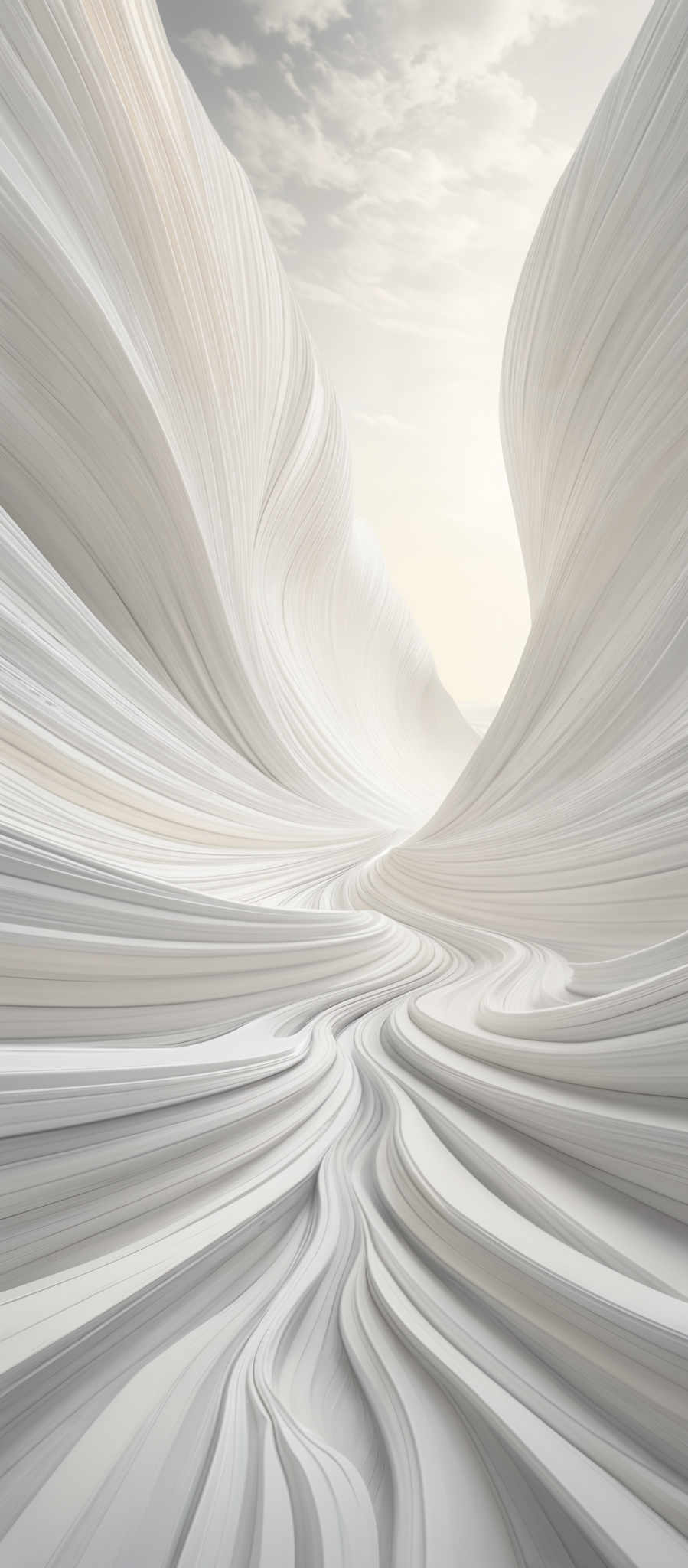 The image showcases a breathtaking view of a landscape with wavy, undulating structures that resemble cascading waves or flowing fabric. The predominant color is a soft white, with varying shades creating depth and dimension. The shapes are curved and wavy with a smooth texture, giving the impression of a fluid, organic material. The sky above is a muted gray, suggesting either an overcast day or a setting sun.