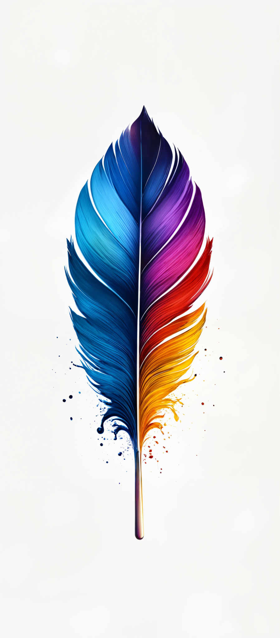 The image showcases a vibrant, feather-like structure with a gradient of colors. It starts with a deep blue at the top, transitioning through shades of purple, pink, orange, and finally a bright yellow at the bottom. The feather appears to be symmetrical, with its outer edges curving inward. Splatters of the same colors are seen at the base of the feather, giving it an artistic and dynamic appearance.