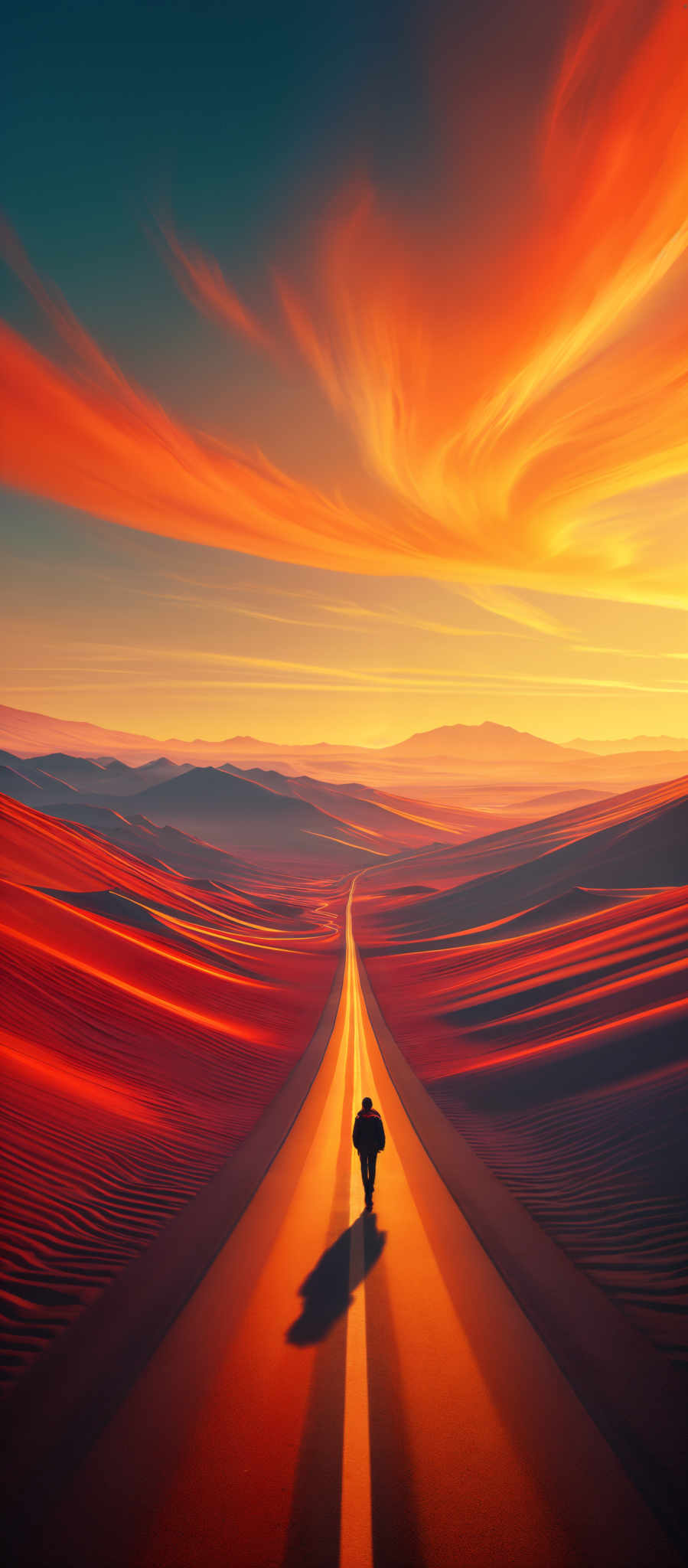 The image showcases a vast, open desert landscape during sunset or sunrise. The sky is painted with vibrant hues of orange, red, and blue, with swirling cloud patterns that seem to be illuminated by the sun. The ground is a gradient of red and orange, reflecting the colors of the sky. A long, straight road runs through the center of the image, leading the viewer's eye towards the horizon. On this road, there is a solitary figure, possibly a person, walking away from the vieW. The silhouette of the person is cast on the road, creating a sense of depth and perspective. The overall mood of the picture is serene, yet also evokes a sense adventure and solitude.