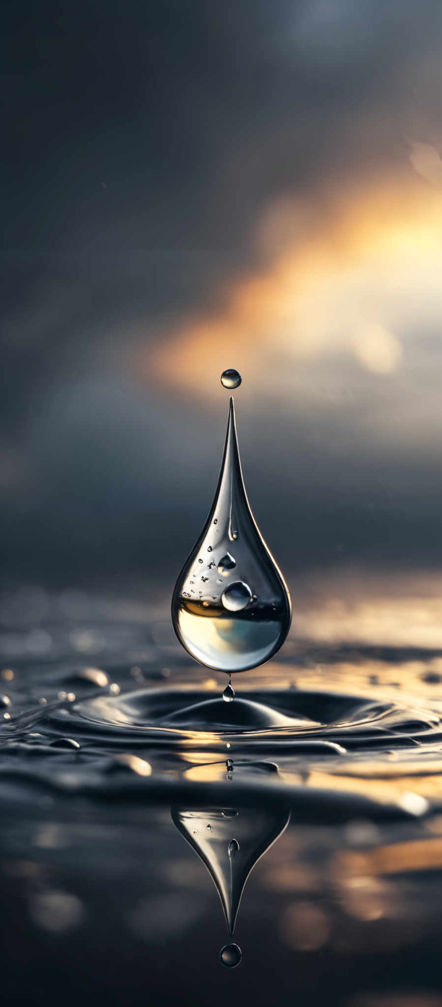 The image showcases a water droplet that appears to be in the midst of falling. The droplets shape is elongated and teardrop-like, with smaller droplettes suspended within it. The main droplettopple reflects the sky, displaying hues of blue, orange, and gray, suggesting a sunset or sunrise. The background displays a vast expanse of water with ripples, reflecting the same colors from the sky. The overall ambiance of the image is serene and dramatic, emphasizing the beauty of nature and the intricate details of water drops.