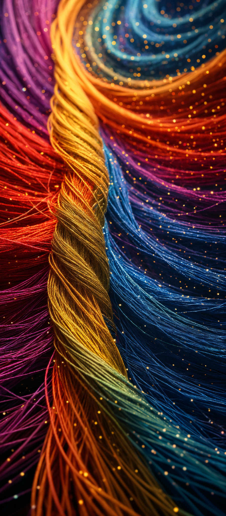 The image showcases a vibrant and intricate pattern of intertwined strings or threads in multiple colors. The colors range from deep purples and blues to bright yellows and oranges. The strings are woven together in a swirling pattern, creating a sense of movement and depth. The image also has specks of gold, giving it a sparkling effect.