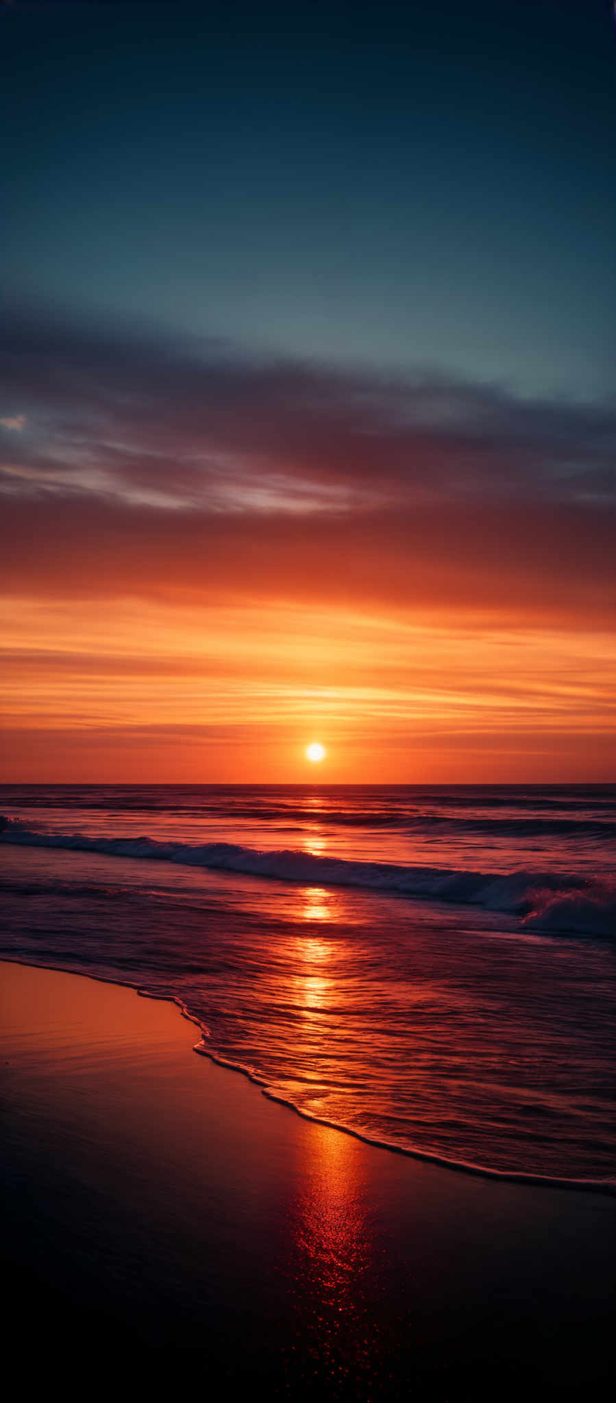 The image showcases a breathtaking sunset over a beach. The sky is painted with hues of deep blue, transitioning to vibrant oranges and reds near the horizon. The sun is captured just above the water, casting a golden reflection on the water's surface. The waves gently crash onto the shore, creating a shimmering reflection on a wet sandy beach.