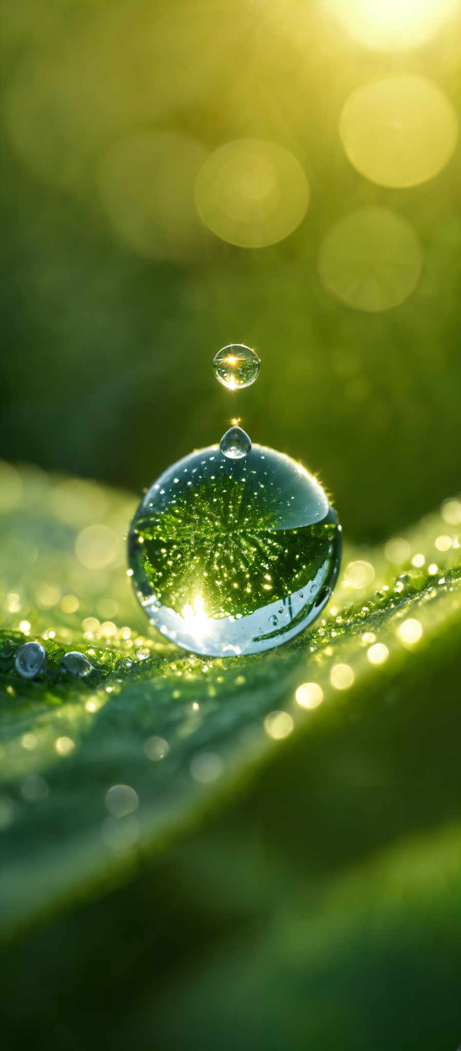 The image showcases a vibrant green background, possibly a leaf, covered in dew drops. The most prominent feature is a large dew drop that's perfectly spherical, capturing a reflection of the surrounding environment. Atop this main drop, there's a smaller dew bubble, which seems to be in the process of forming or bursting. The dew on the leaf creates a shimmering effect, with the light reflecting off the droplets, creating a mesmerizing play of light and shadow.