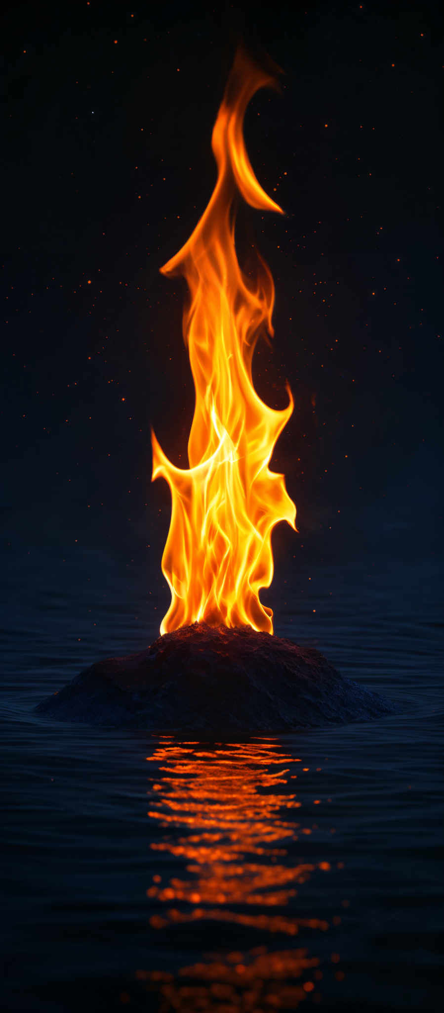 The image showcases a vibrant and intense blaze of fire that stands tall against a dark backdrop. The flames are a brilliant shade of orange and yellow, with intricate patterns and swirls, giving them a dynamic and almost ethereal appearance. The fire is positioned atop a rocky outcrop that rises slightly above the surrounding water. The water below reflects the fire's glow, creating a shimmering effect. The overall ambiance of the image is one of contrast between the fiery energy of the flames and the calm, serene nature of the water.