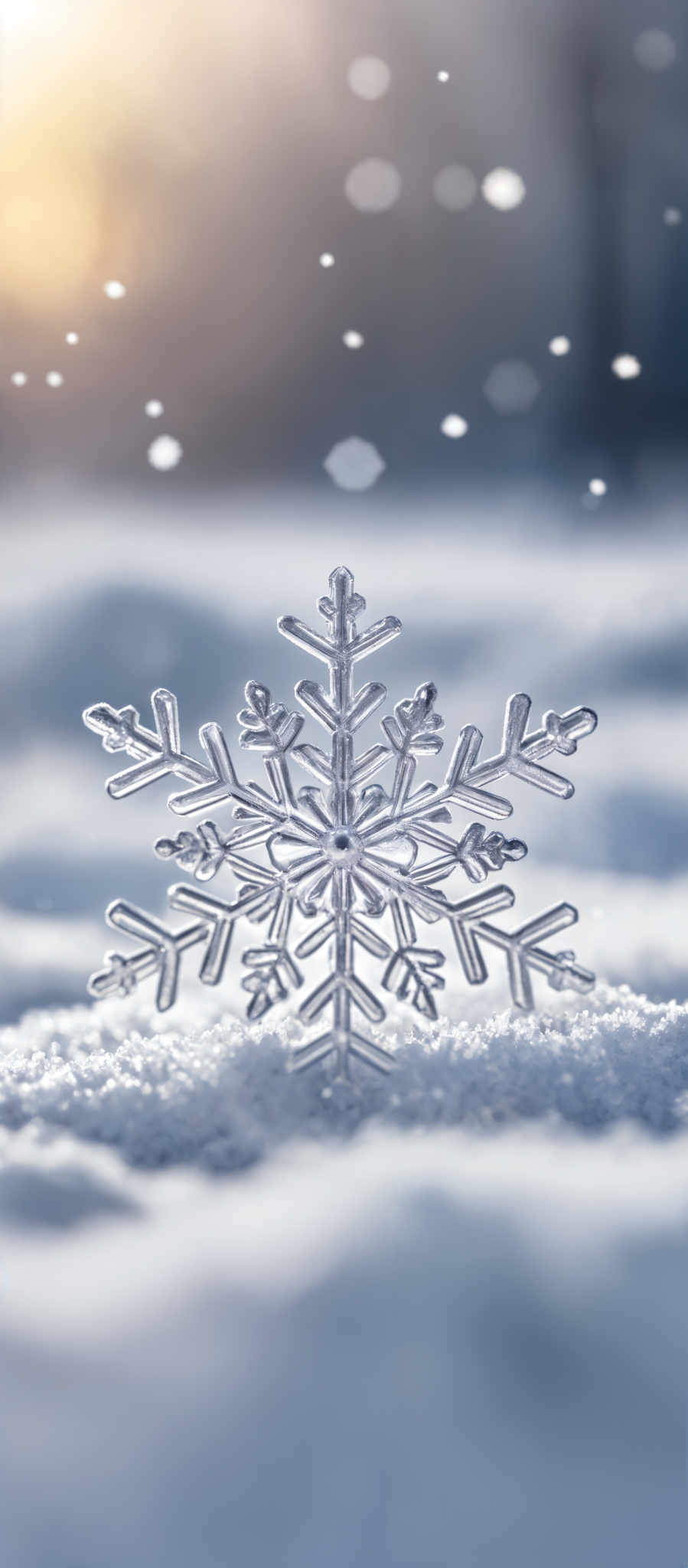 The image showcases a beautiful snowflake with intricate details. It is set against a backdrop of snow and a blurred sky with a hint of sunlight. The snowflare is translucent, revealing its delicate structure with sharp, symmetrical points and intricate patterns. The color palette is predominantly cool, with shades of blue and white, accentuated by the warm glow of the sunlight in the background.