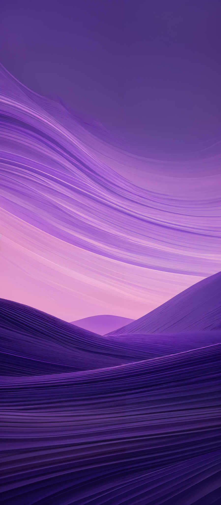 The image showcases a vibrant and abstract landscape. Dominated by shades of purple and pink, the image features flowing, wavy lines that resemble waves or streaks of light. These lines create a sense of movement and fluidity. The shape of the image is reminiscent of undulating hills or waves, with the top portion appearing like a sky with streaks, and the bottom portion resembling a sandy or textured surface.