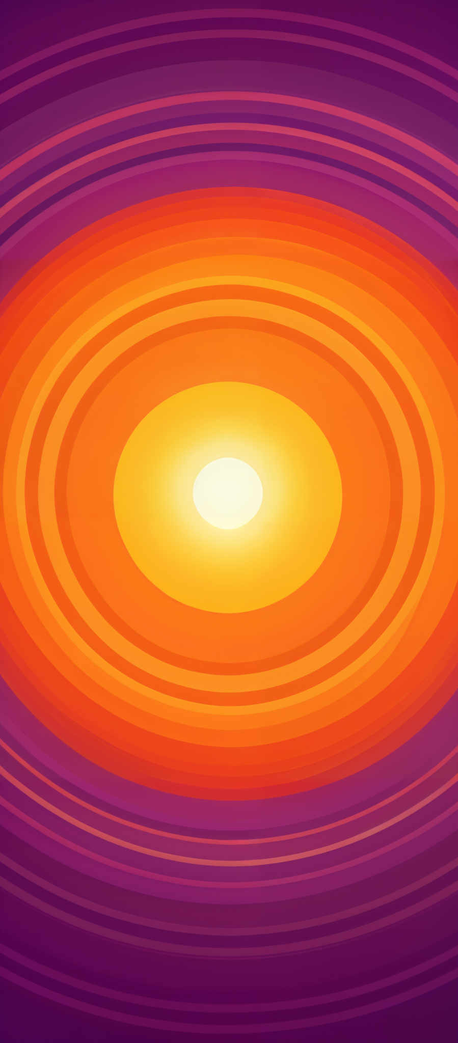 The image showcases a vibrant and dynamic pattern with concentric circles radiating from a central point. The colors transition from a deep purple at the outermost rings to a bright orange at the innermost circle. The shape is reminiscent of a sun or a fiery orb, with the brightest part being the center. The concentric rings give an impression of ripples or waves emanating from the center, possibly representing energy or movement.