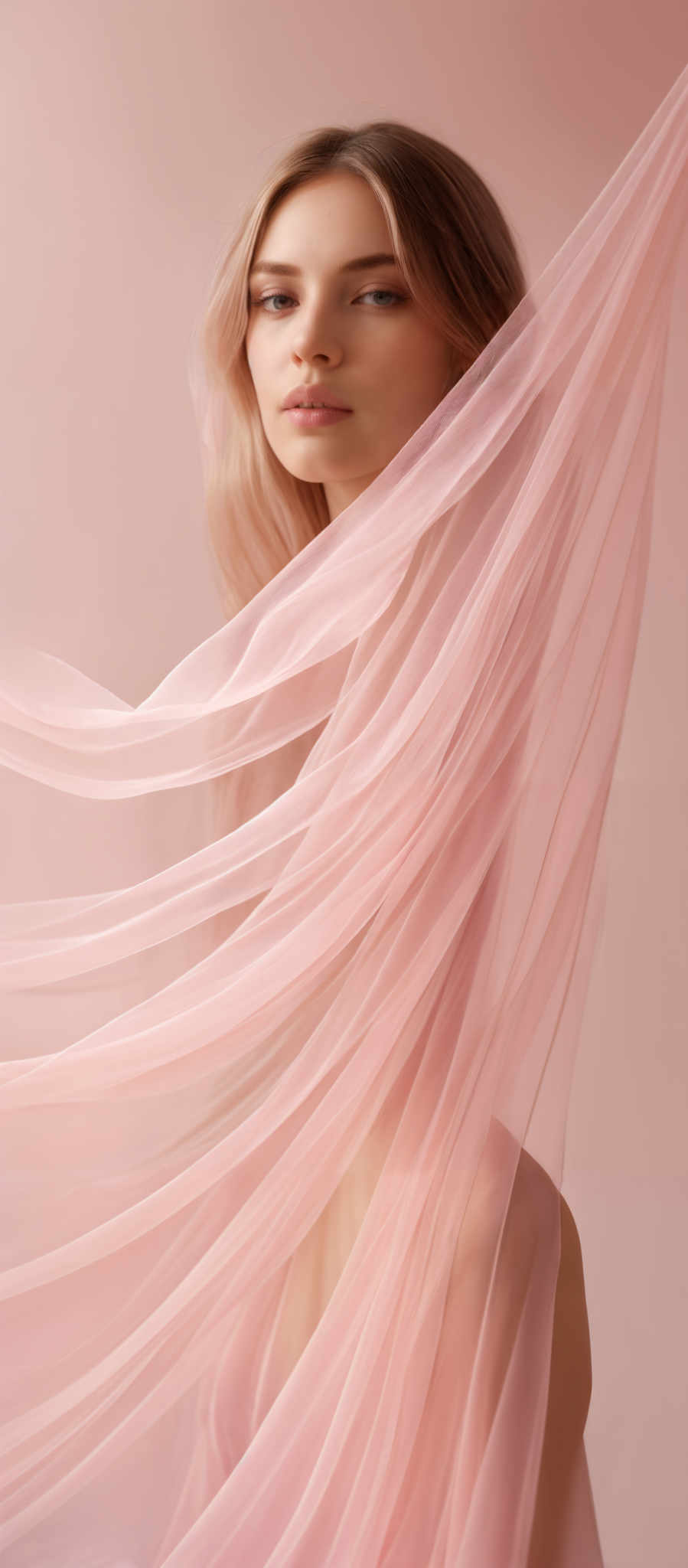 The image showcases a woman draped in flowing, translucent pink fabric. The fabric cascades gracefully around her, creating a delicate and ethereal effect. The woman has light-colored hair and is gazing intently at the viewer. The background is a soft pink, complementing the fabric and creating a harmonious color palette.