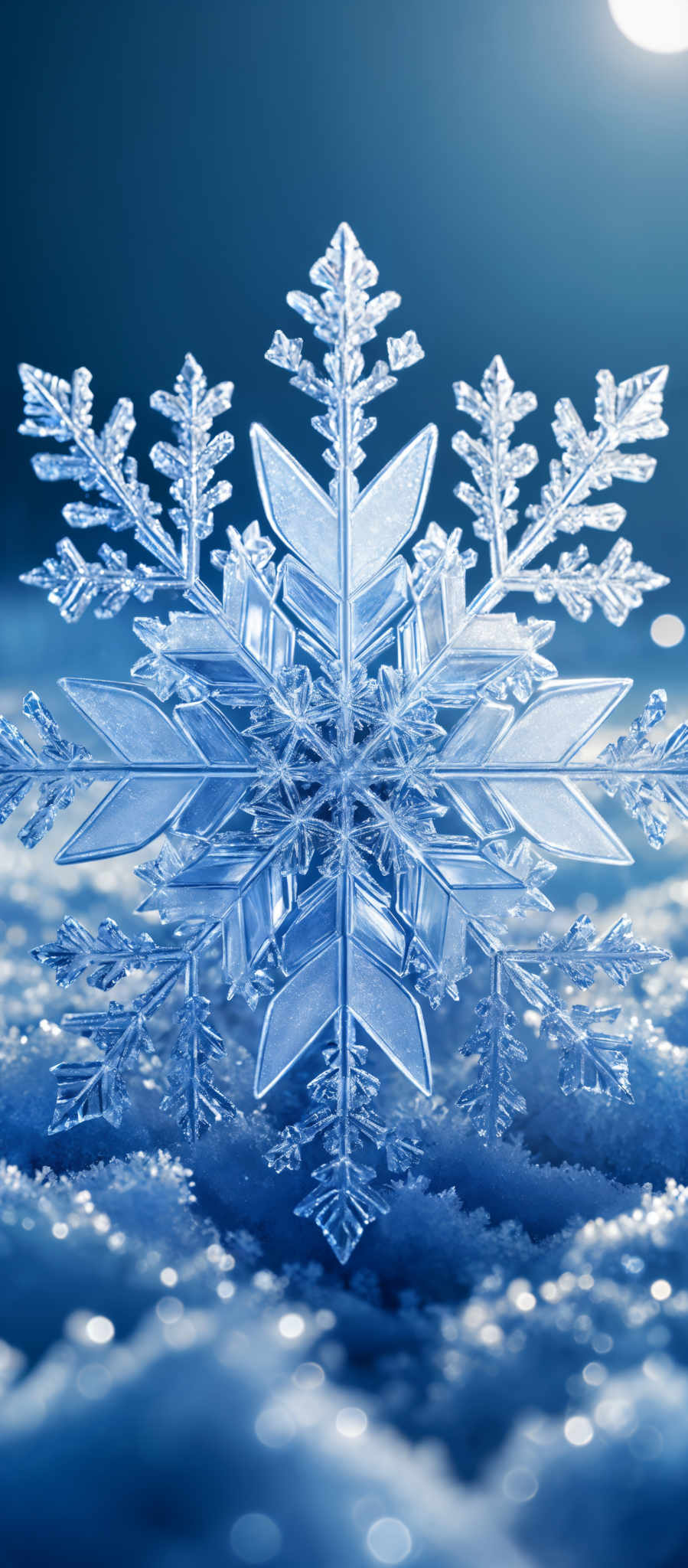 The image showcases a close-up of a snowflake. The snowflare is intricately detailed with multiple sharp, crystalline arms radiating out from a central point. It exhibits a symmetrical shape with a complex pattern of ridges and grooves. The color is a translucent blue, which allows one to see the internal structure of the snowflaw. The background is a deep blue, possibly representing a cold, winter night, with a hint of a bright light source, possibly the moon or a star, shining in the distance.