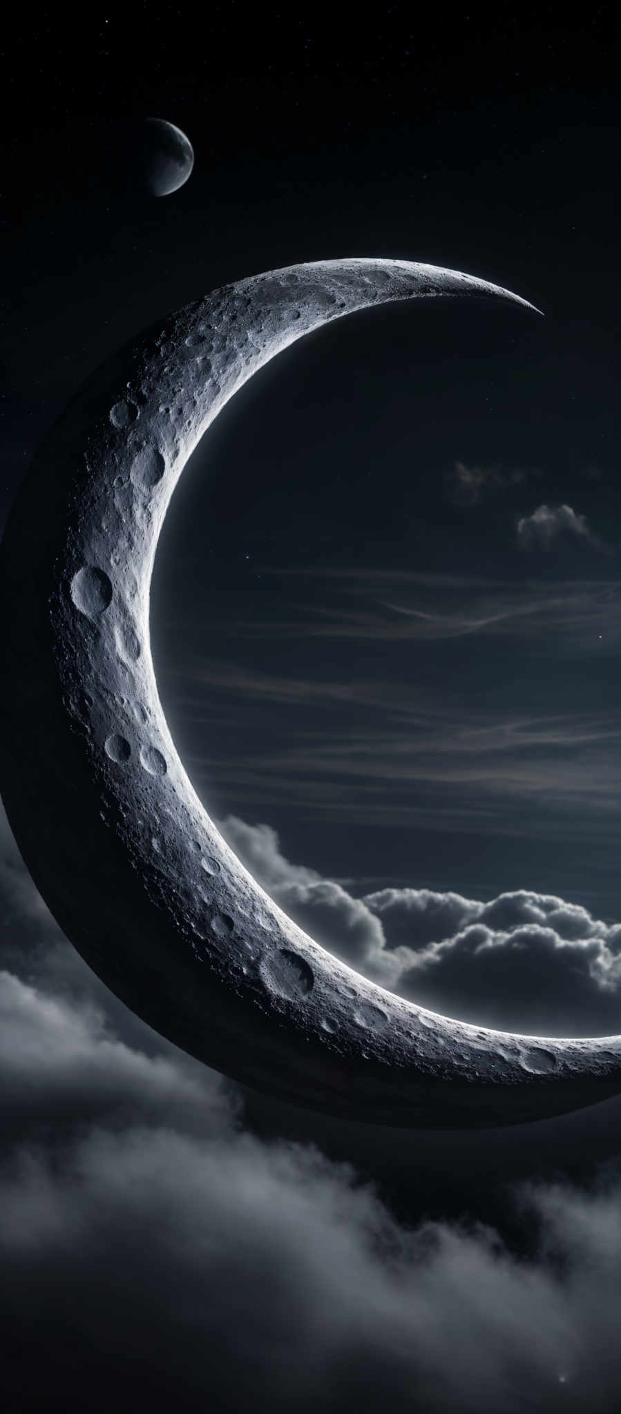 The image showcases a celestial scene with a prominent crescent moon in the foreground. The moon appears to be highly detailed, with a textured surface that displays craters and surface irregularities. Above the crescent, there's a smaller, round celestIAL body, possibly a planet or a moon. The background is a vast expanse of space filled with stars, and below the crescents, there are clouds that seem to be floating in the atmosphere of a planet. The color palette is dominated by deep blues and blacks, with the moon and clouds appearing in shades of gray.