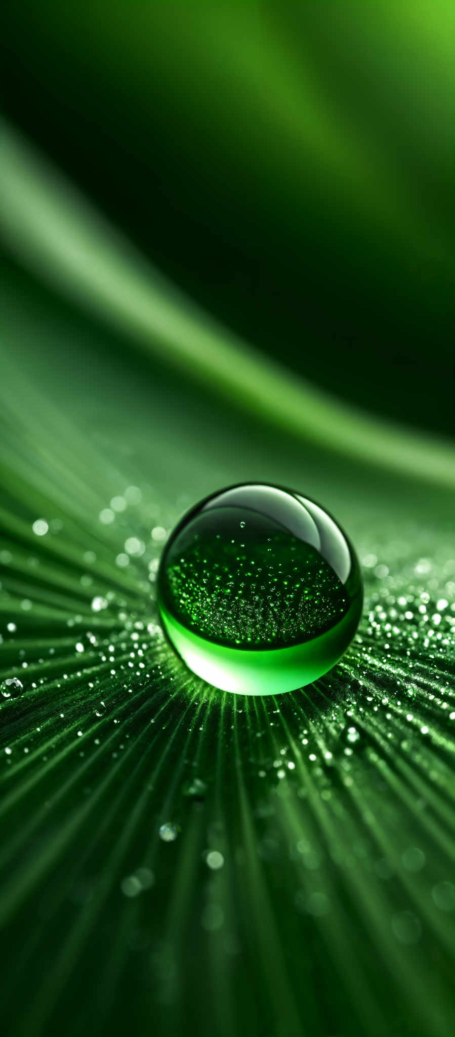 The image predominantly features shades of green. The main focus is a large, circular water droplet that rests on a green surface. The droplets on the surface reflect light, creating a shimmering effect. The surface beneath the droplettes appears to be a leaf or some other green textured surface, with tiny water drops scattered throughout, indicating recent rainfall or dew formation.