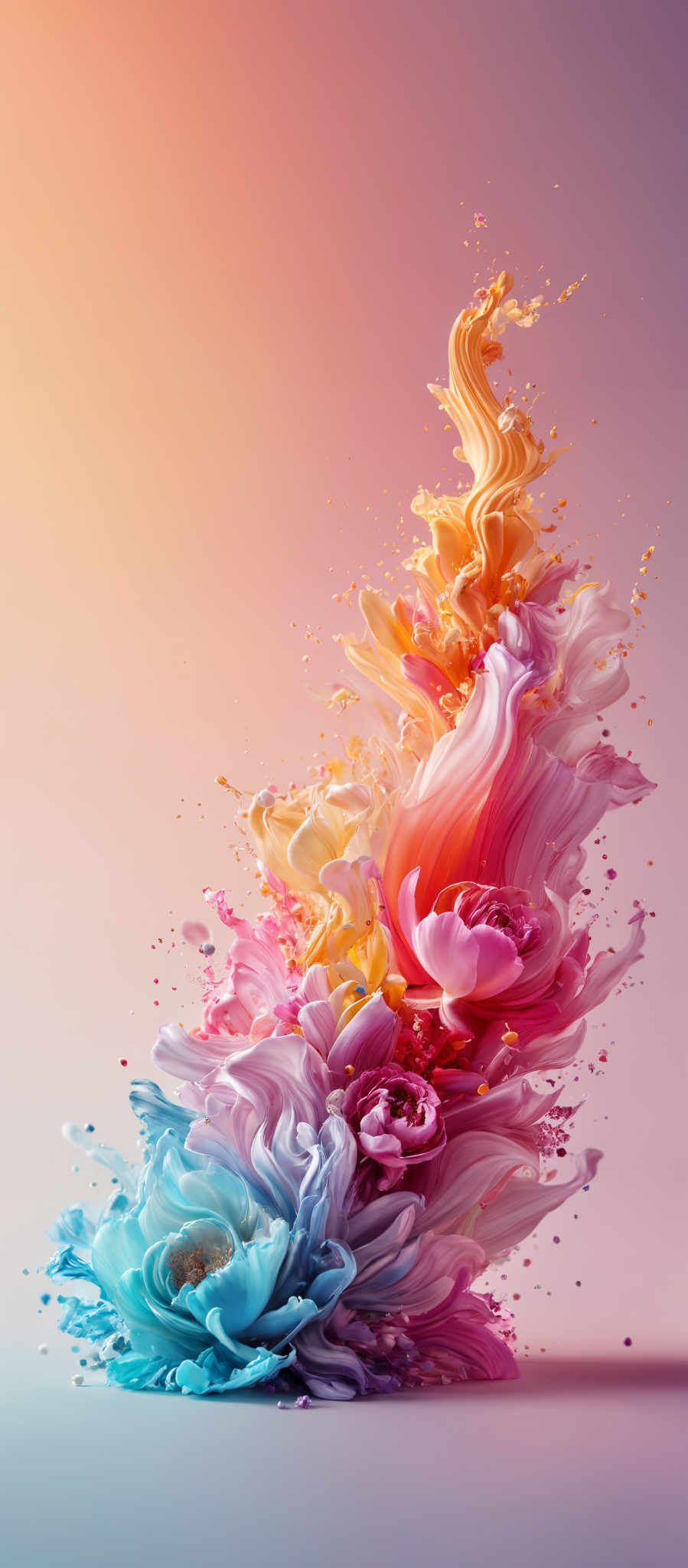 The image showcases a vibrant and dynamic composition of swirling colors. The dominant colors include shades of pink, orange, blue, and white. The shapes are fluid and organic, resembling a mix of ink drops and paint splashes. The central part of the image has a burst of colors, with the pink and orange blending seamlessly into each other, while the blue forms a contrasting base. The entire composition gives an impression of motion and energy, as if the colors are in the process of mixing or merging.