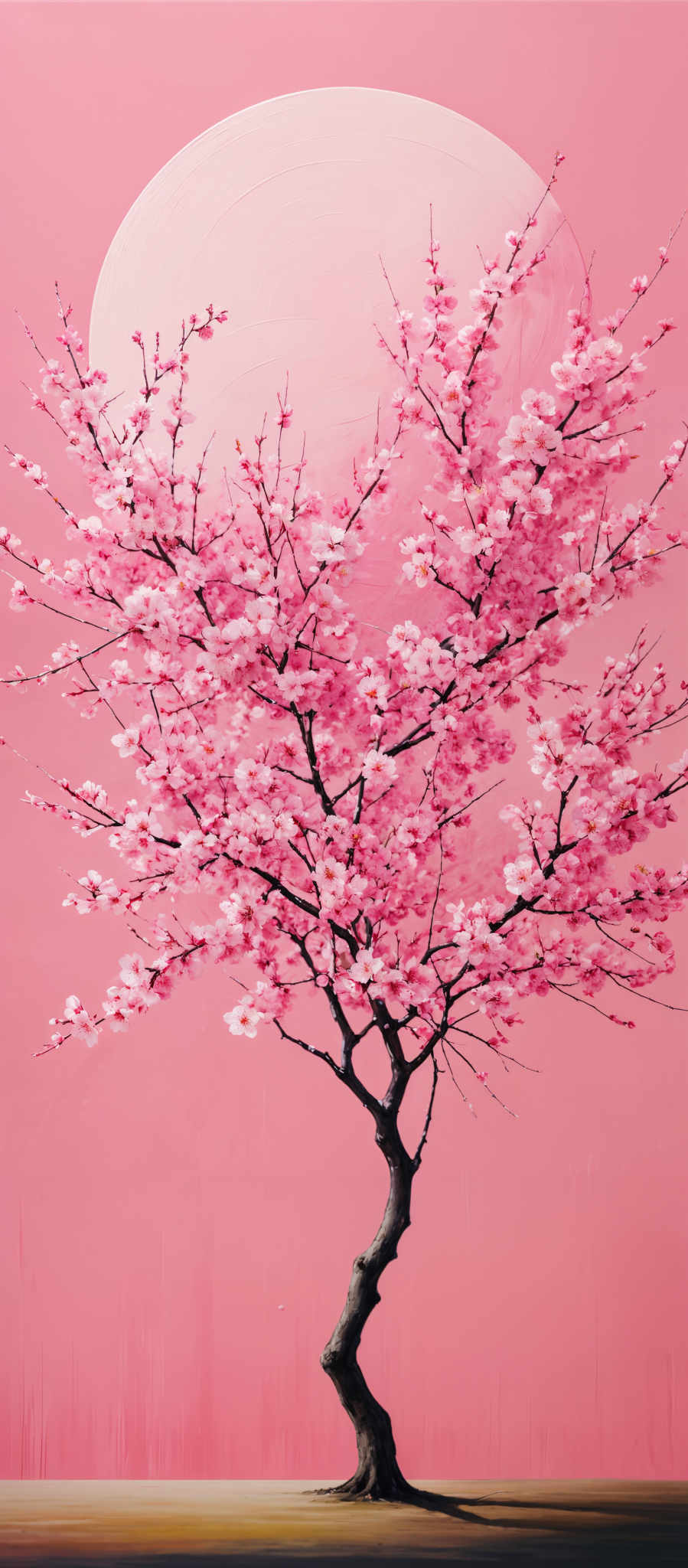 The image showcases a cherry blossom tree in full bloom against a pink background. The tree has a twisted trunk and branches laden with pink blossoms. Behind the tree, there's a large, pale pink circle, possibly representing the sun or moon. The ground is a gradient of pink to a darker shade, and there are subtle vertical lines that give a sense of depth to the scene.