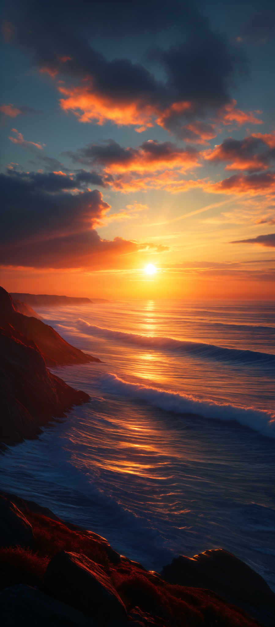 The image showcases a breathtaking sunset over a coastal landscape. The sky is painted with hues of orange, yellow, and deep blue, with the sun casting a golden glow over the horizon. Dark, dramatic clouds are scattered across the sky, adding depth and contrast. The sun's reflection shimmers on the calm waters below, creating a serene ambiance. On the right side, rugged cliffs with patches of vegetation rise, leading to the coastline. The waves gently crash against the rocks, producing a soft white foam. The overall scene evokes a sense of tranquility and awe.