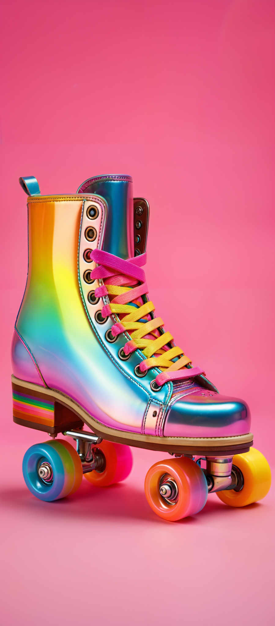 The image showcases a roller skate with a holographic, iridescent finish. The skate is predominantly multi-colored, transitioning from hues of blue, pink, yellow, and green to a metallic silver at the top. The laces are vibrant, alternating between pink and yellow. The wheels of the skate are colorful, with each wheel displaying a different hue: blue, yellow with a rainbow stripe, and a neon pink. The background is a vivid pink which contrasts beautifully with the skates, making them stand out prominently.