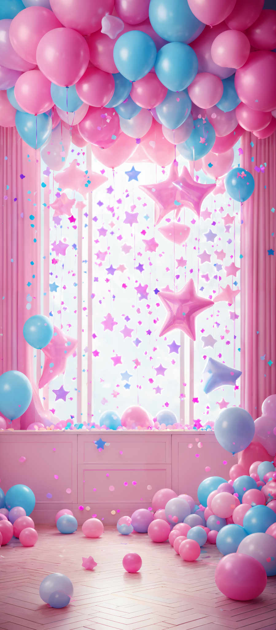 The image showcases a room filled with a variety of balloons in shades of pink, blue, and white. The balloon ceiling is densely packed, creating a canopy-like effect. Hanging from the ceiling are star-shaped ballooms in pink and blue. The floor is adorned with more balloones, some of which have fallen and are scattered around. The room also features a window with a view of the sky, and the window is decorated with more falling confetti in the form of stars and other shapes. The walls are pink with a white trim, and there's a white cabinet or counter near the window.