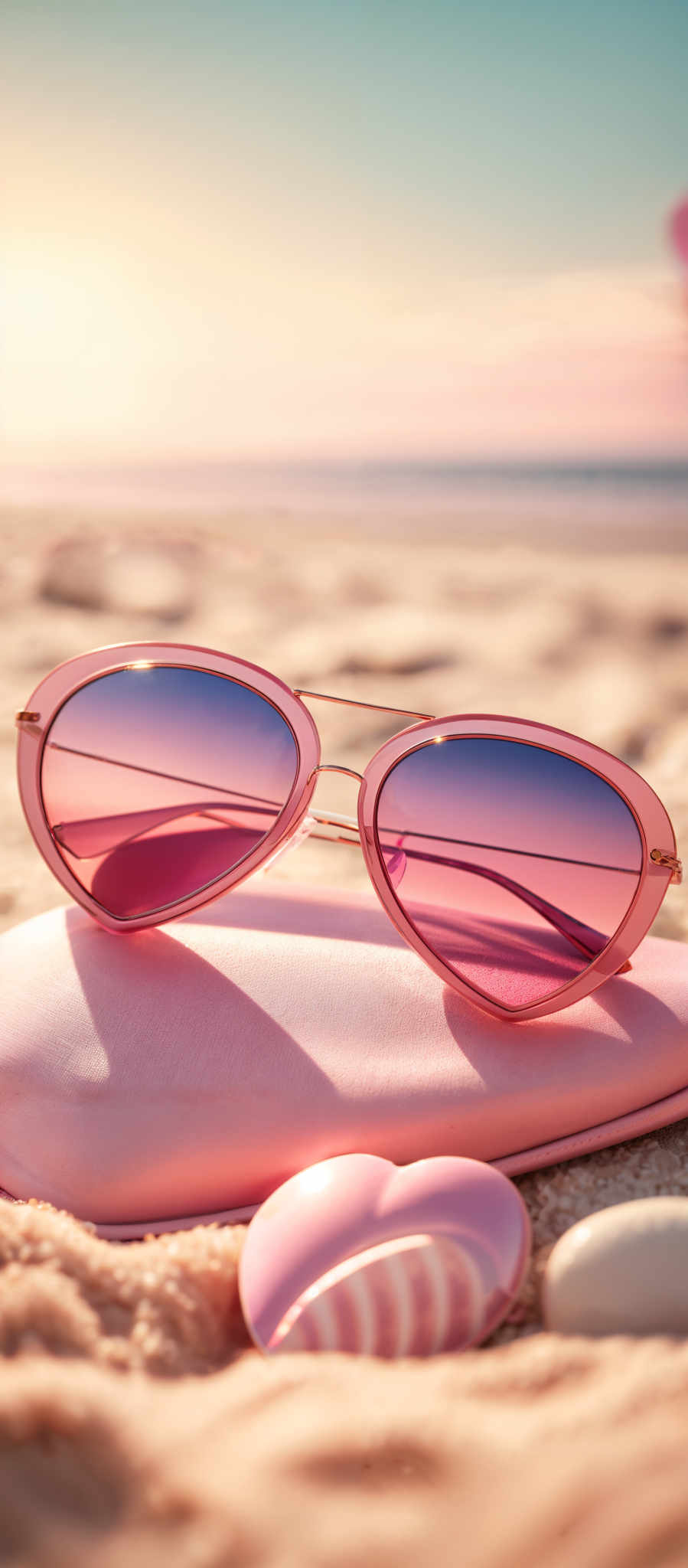 The image showcases a pair of heart-shaped sunglasses with pink frames and reflective pink-tinted lenses. The sung glasses are resting on a pink leather case. Beside the case, there are two pink heart-themed objects, one of which appears to be a lip gloss or lipstick tube, and the other looks like a compact mirror. The background of the image is a serene beach setting with soft sand, a gentle sea, and a warm sunset.