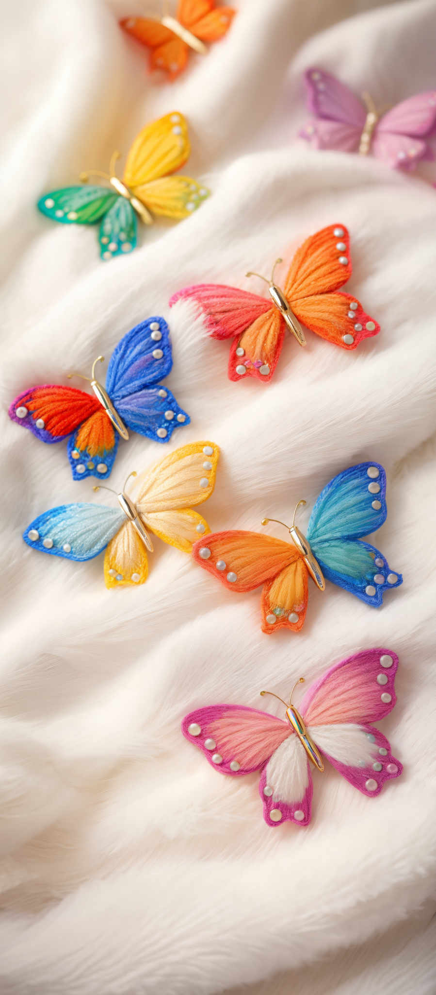 The image showcases a collection of colorful butterflies. Each butterfly has vibrant wings in shades of blue, yellow, orange, pink, and green. They are adorned with intricate patterns and details, such as white spots on their wings. The butterlies are positioned on a white, fluffy surface, which gives a soft and delicate appearance to the overall composition.