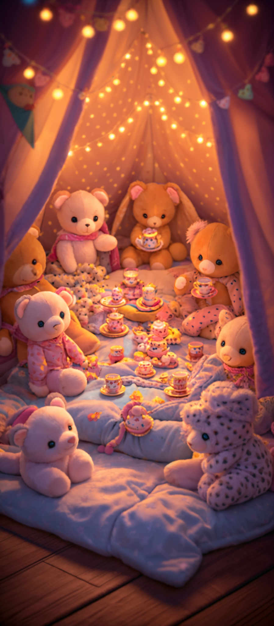 The image showcases a cozy indoor setting with a tent-like structure made of pink fabric adorned with white polka dots. Within the tent, there are multiple plush teddy bears of varying sizes and colors, such as white, brown, and pink. Some of the teddy bear plushies are holding miniature tea sets with cups and saucers. The floor is covered with soft blankets and pillows, and there are string lights hanging above, casting a warm glow. The ambiance is serene and inviting, reminiscent of a teddy's tea party.