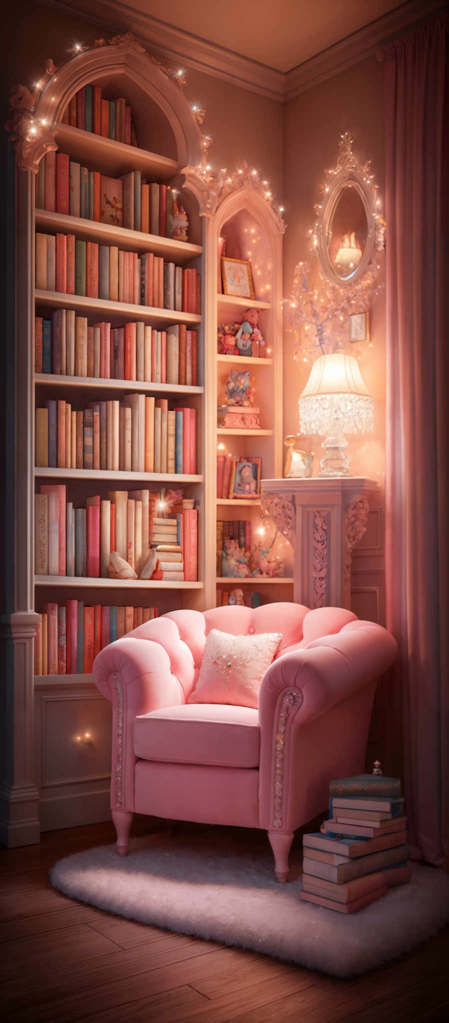 The image showcases a cozy reading nook. The dominant colors are soft pinks, whites, and browns. The room features a large, ornate bookshelf filled with various colored books, some of which have illustrations on their spines. The bookshelves are adorned with fairy lights, creating a warm and magical ambiance. To the right of the bookshels, there's a plush pink armchair with a fluffy cushion. On the chair, there are a few books stacked. Beside the chair is a small table with a decorative lamp that has a shade resembling a fairy. The floor is covered with a soft white rug, and the walls are painted in a muted beige color.