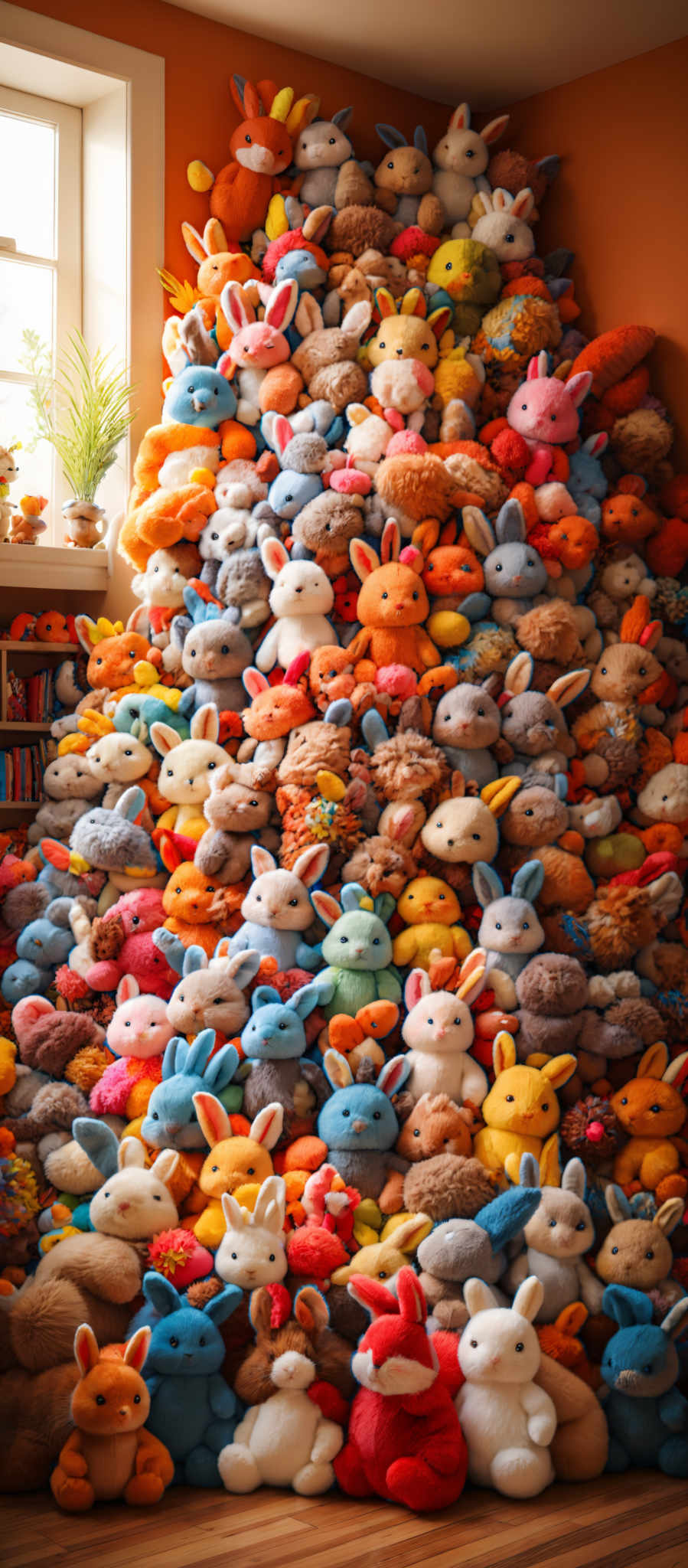 The image showcases a large collection of plush toys, predominantly bunnies, stacked on top of each other. The toys come in a variety of colors, including blue, orange, white, and brown. They have different shapes, with some resembling real animals, while others are more abstract. The colors are vibrant, and the toys are soft-looking, giving a sense of warmth and comfort.