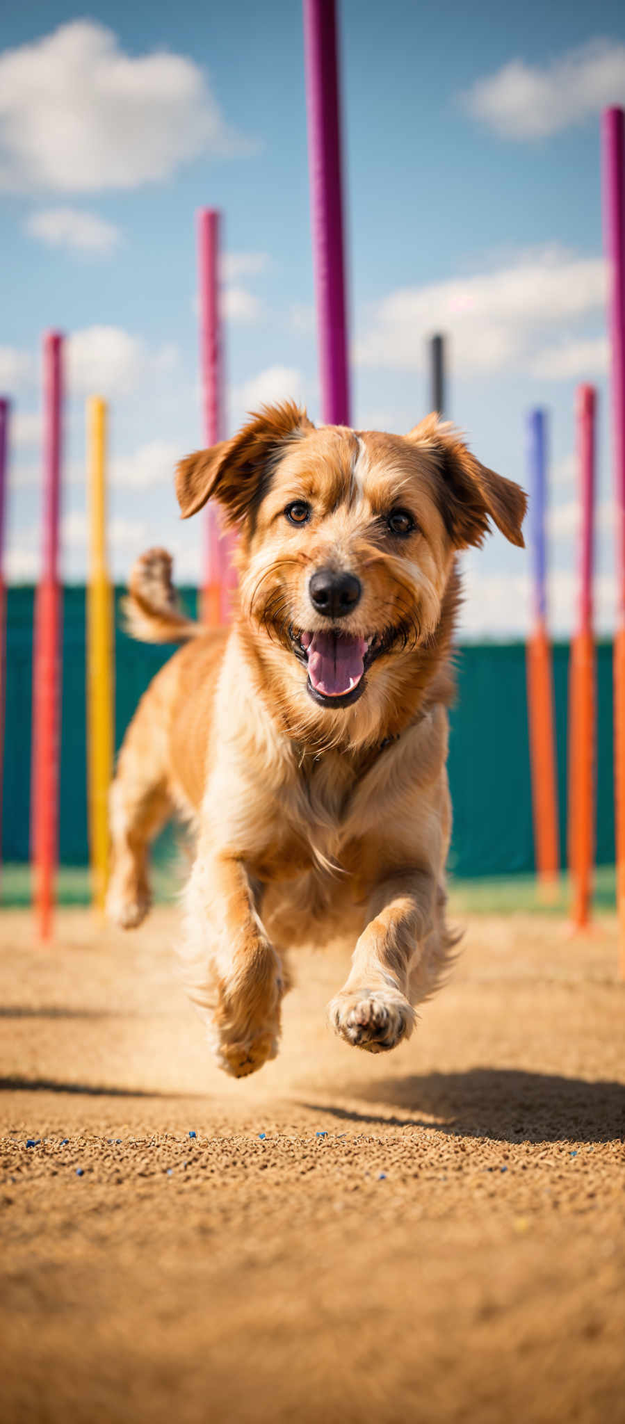 The image showcases a golden-brown dog, possibly a terrier mix, in mid-air as it runs. The dog has a joyful expression with its tongue out and eyes wide open. The background consists of colorful poles, possibly part of an agility course, set against a clear blue sky with a few scattered clouds. The ground appears to be sandy or dusty, and there are some small blue objects scattered around, possibly representing pet treats or toys.