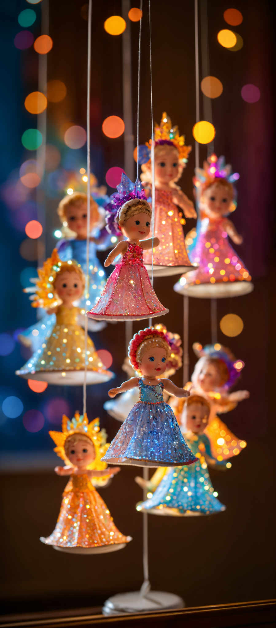 The image showcases a collection of colorful, sparkling figurines that appear to be hanging or suspended. These figurines are adorned with shimmering dresses in various shades of pink, blue, yellow, and purple. They also have decorative crowns or tiaras on their heads. The background is blurred with bokeh effects, featuring a mix of warm and cool colors, possibly representing a festive or magical setting.