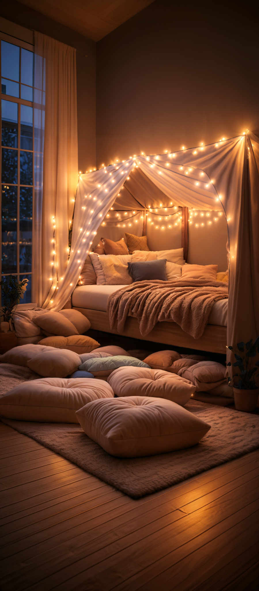 The image showcases a cozy room with a large window on the left. The room has a bed with a canopy made of sheer white fabric, adorned with string lights that give a warm glow. The bed is covered with various pillows and blankets in neutral tones like beige, brown, and white. On the floor, there are multiple plush pillows scattered around, and a large, soft rug lies beneath them. The floor is made of wooden planks, and the room has muted, warm lighting, creating a serene ambiance.