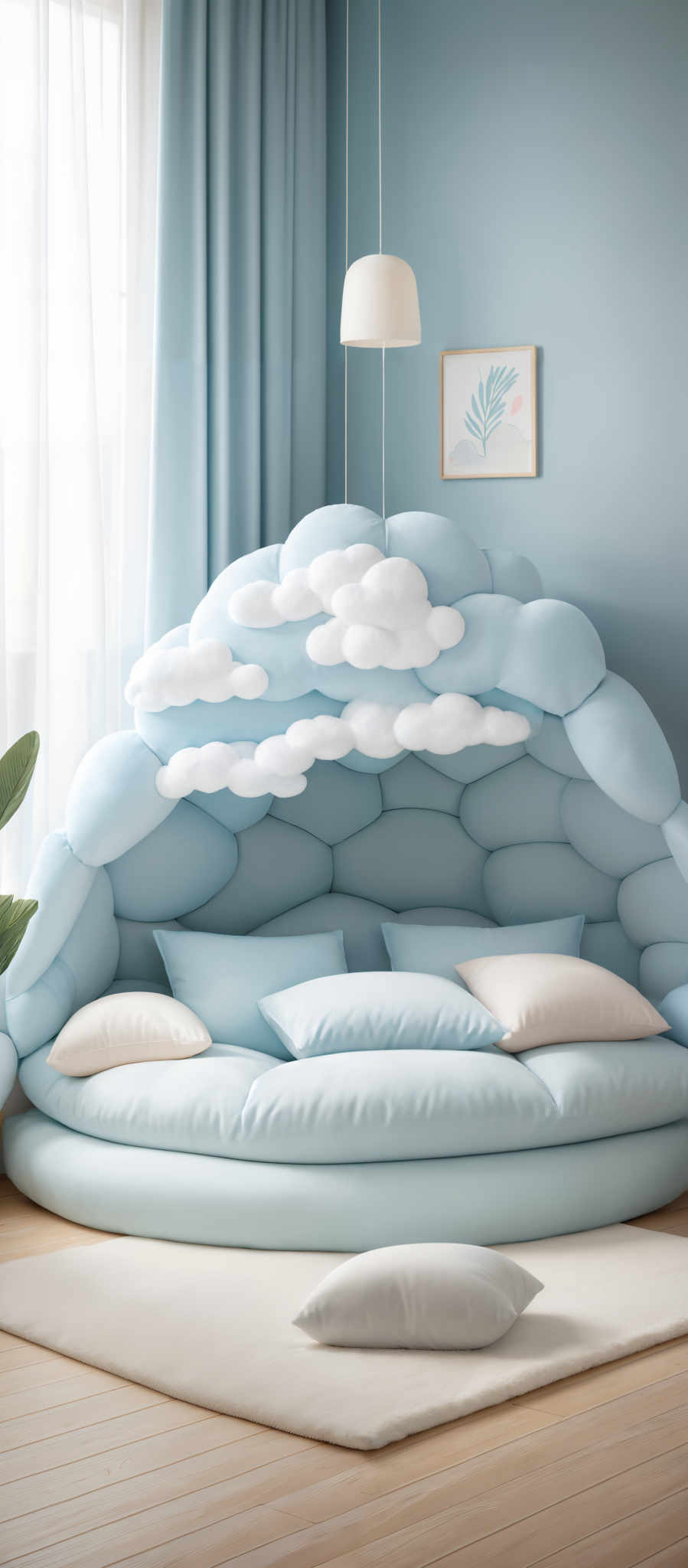 The image showcases a room with a unique design. The dominant color is a soft blue, which is used for the walls and the bed. The bed itself is designed to resemble a cloud, with white fluffy clouds attached to its surface. The room also features a hanging white lamp, a framed artwork with a leaf design on the wall, and a window with light blue curtains. There's also a potted plant with large green leaves placed near the window.