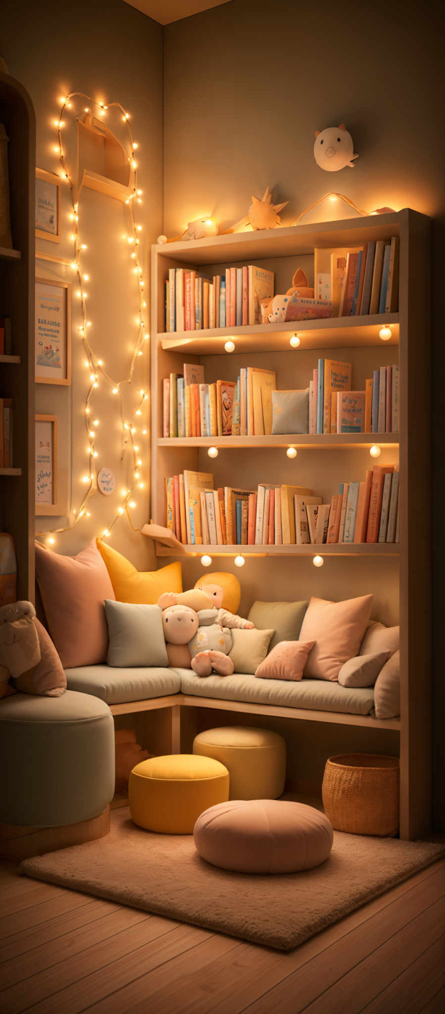 The image showcases a cozy reading nook. The walls are painted in a muted beige color, and there's a shelf filled with various books, some of which are colorful and others are in pastel shades. Above the shelf, there are string lights that give a warm glow. The floor is made of wooden planks, and the seating area consists of a plush couch with various cushions in pastels like yellow, pink, and light blue. There are also soft toys placed on the couch, including a white teddy bear and a plump pig. On the floor, there're round ottomans in yellow and light pink. The overall ambiance of the room is calm and inviting, perfect for reading or relaxing.