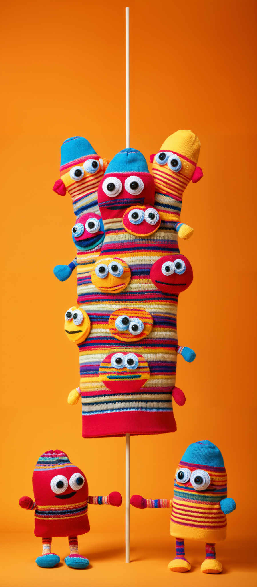 The image showcases a collection of colorful, striped sock creatures against a vibrant orange background. These creatures have large, googly eyes and are made of multicolored stripes. Some of them are attached to a vertical pole, while others stand on the ground. The creatures vary in size and have different facial expressions, with some appearing surprised or happy.