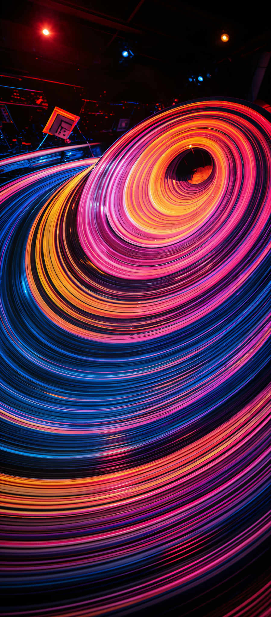 The image showcases a vibrant and mesmerizing swirl of colors, predominantly in shades of pink, orange, blue, and purple. The swirls are concentric, with each layer appearing thicker and more intense as they move inward. The overall shape resembles a vortex or a whirlpool, drawing the viewer's eye towards its center. The image seems to be a long-exposure photograph, capturing the movement of lights or perhaps the spinning of a machine, creating a dynamic and captivating visual effect.