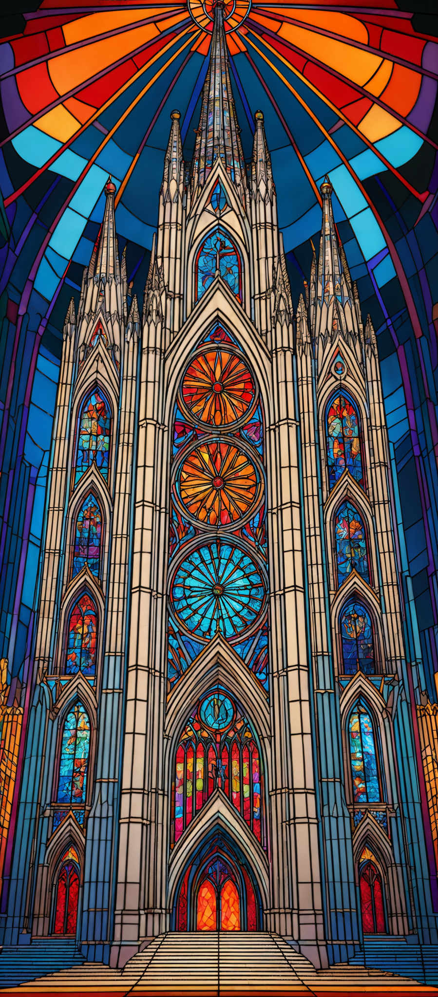 The image showcases a stunning stained glass artwork of a cathedral. The dominant colors are shades of blue, red, and orange, creating a radiant and vibrant effect. The cathedral itself is intricately designed with pointed arches, detailed windows, and ornate patterns. The central part of the cathedral features a large circular window with a blue and red pattern, surrounded by smaller windows with various designs. Above the cathedrals, there's a radiating pattern of light, emanating from a central point, which adds to the ethereal ambiance of the artwork.