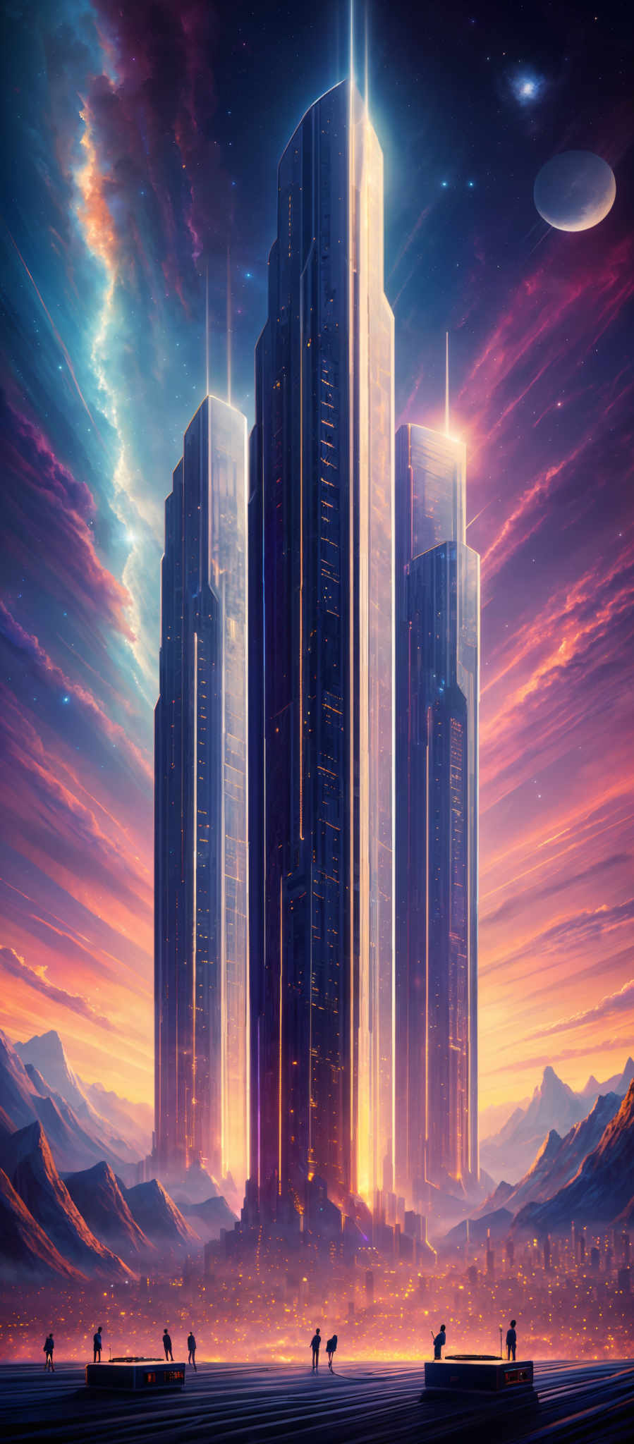 The image showcases a futuristic cityscape with tall, sleek skyscrapers that glow with a radiant blue light. The sky is painted with hues of purple, pink, and blue, with a celestial body, possibly a moon or planet, visible in the distance. The foreground features silhouettes of people standing on platforms, looking towards the city. The landscape below the city is mountainous, and there's a vast expanse of water or mist reflecting the city's lights.