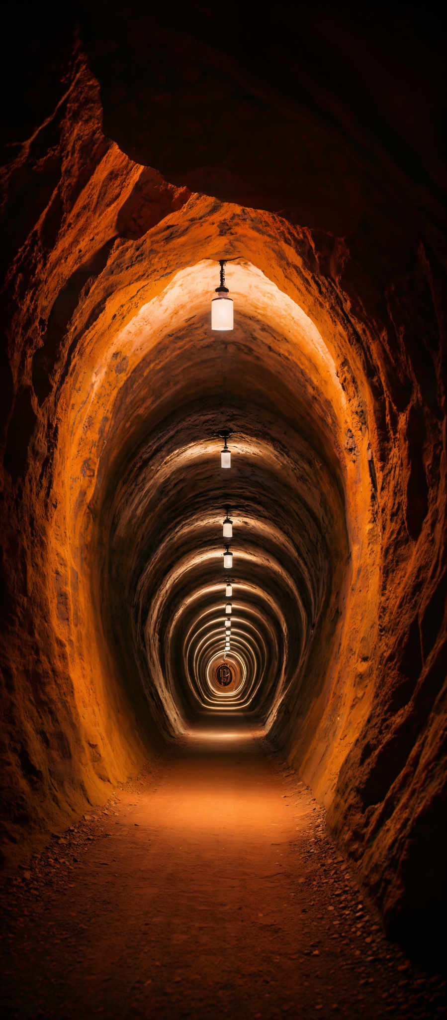 The image showcases a tunnel with a unique, spiraling architecture. The walls of the tunnel are rugged and have a warm, earthy brown color. The ceiling of the cave is slightly higher than the walls, allowing for the placement of multiple hanging lights that cast a soft, ambient glow throughout the tunnel. The lights are evenly spaced and illuminate the spiral pathway, creating a captivating play of light and shadow. The floor appears to be made of compacted earth or gravel, and it's relatively smooth, with a few scattered stones. The perspective of the image draws the viewer's eye deeper into the tunnel, creating an illusion of depth and infinity.