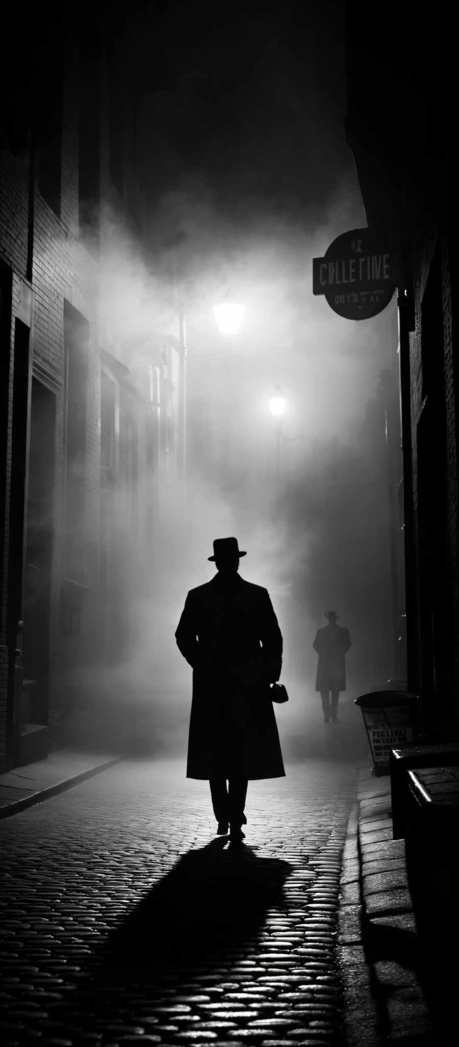 The image is in black and white, giving it a classic, vintage feel. The dominant colors are shades of gray, black, and white. The shape is predominantly rectangular, with a focus on the cobblestone street and the silhouette of a man walking. The image also features a signboard with the text 'CILLETTE' and another sign reading 'CARRICK'S'. The scene is set in an alleyway with old brick buildings on either side, and there's a thick mist or fog enveloping the scene, adding to the mysterious ambiance.