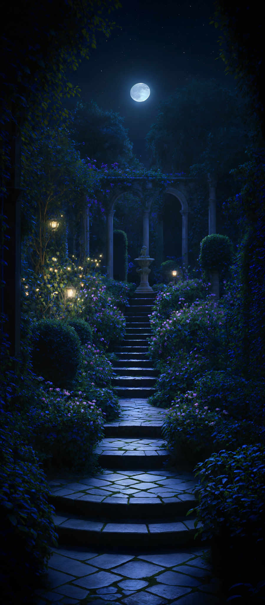 The image showcases a serene nighttime setting in what appears to be a garden or park. Dominating the scene is a stone pathway that meanders through the garden, flanked by lush greenery and vibrant flowers in shades of pink and purple. Above the pathway, there's a beautifully illuminated archway with stone pillars, and a large, glowing moon shines brightly in the sky, casting a soft light over the garden. The garden is adorned with various ornamental plants, and there are several lampposts scattered around, emitting a warm glow. The overall ambiance is tranquil and enchanting, evoking feelings of peace and wonder.