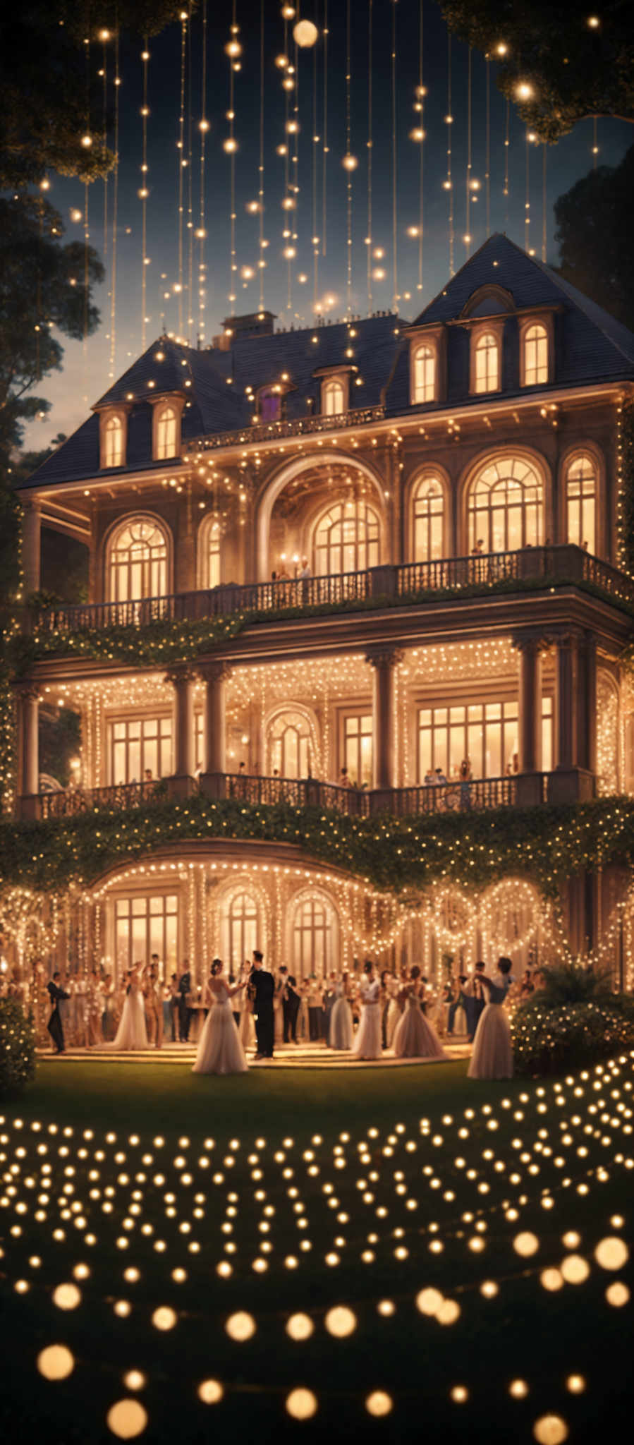 The image showcases a grand, multi-storied mansion illuminated with numerous lights. The mansion has a classic architectural design with arched windows, balconies, and intricate detailing. The ground is adorned with a myriad of round, glowing lights, creating a mesmerizing effect. The sky above is dark, and numerous spherical lights hang, giving the impression of a starry night. In the foreground, there's a gathering of people, possibly at a party or event, dressed in elegant attire.