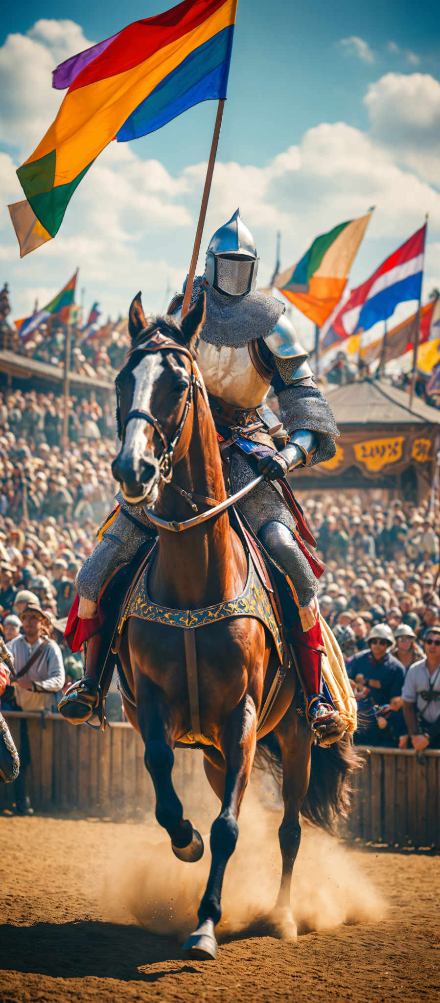 The image showcases a medieval knight mounted on a brown horse. The knight is wearing full armor, including a helmet, and is holding a long pole with a multi-colored flag attached to it. The horse is galloping, and its hooves are kicking up dust. In the background, there's a large crowd of spectators, and various flags can be seen flying. The atmosphere appears to be that of a tournament or a battle reenactment.