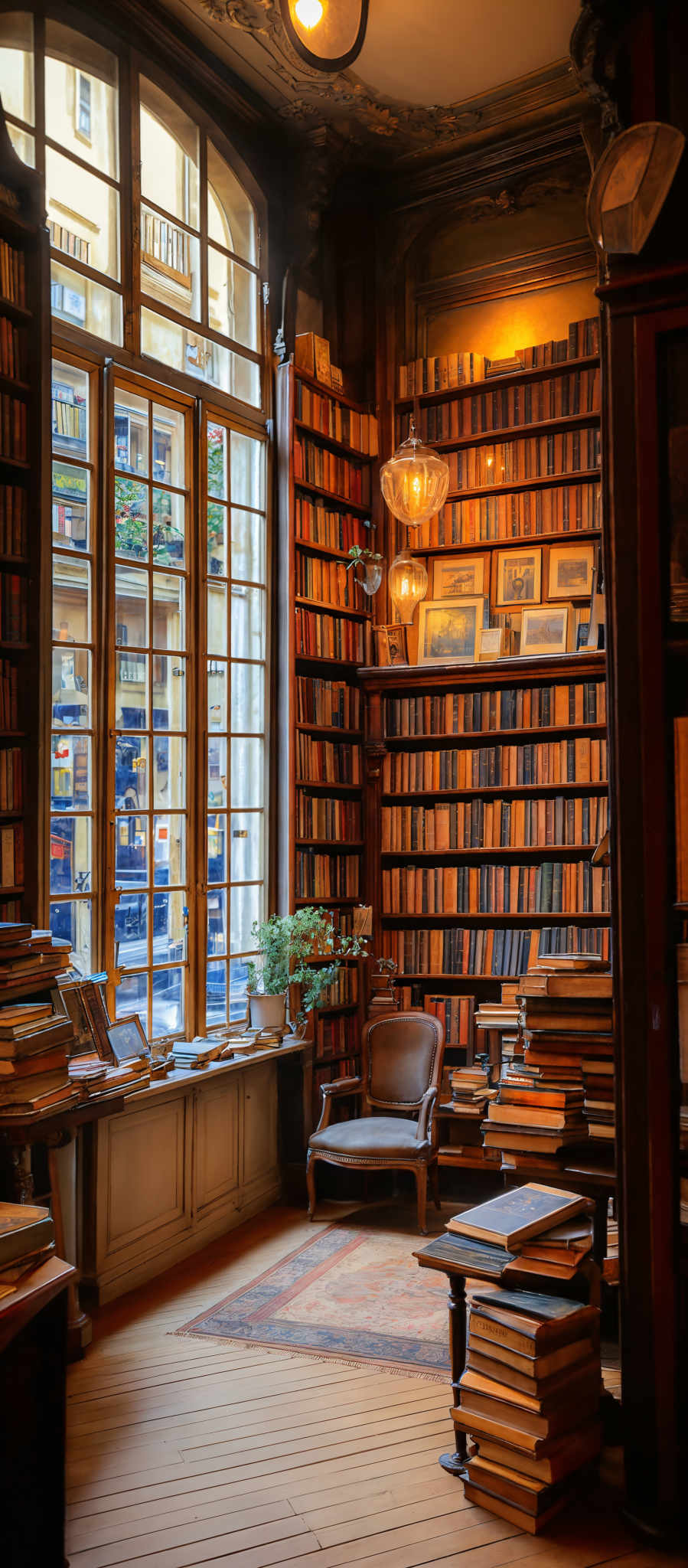 The image showcases a room with a rich, warm ambiance. The dominant colors are shades of brown, gold, and beige, which are accentuated by the wooden bookshelves and furniture. The room features large arched windows that allow ample light to flood in, illuminating the books and the room's details. The bookshelf is filled with books of various sizes and colors, some of which are placed on the windowsill. There's a vintage chair with a plush cushion placed near the window. The ceiling has ornate moldings, and there are hanging light fixtures that give off a soft glow. The floor is wooden, and a rug with intricate patterns is placed in the center of the room.